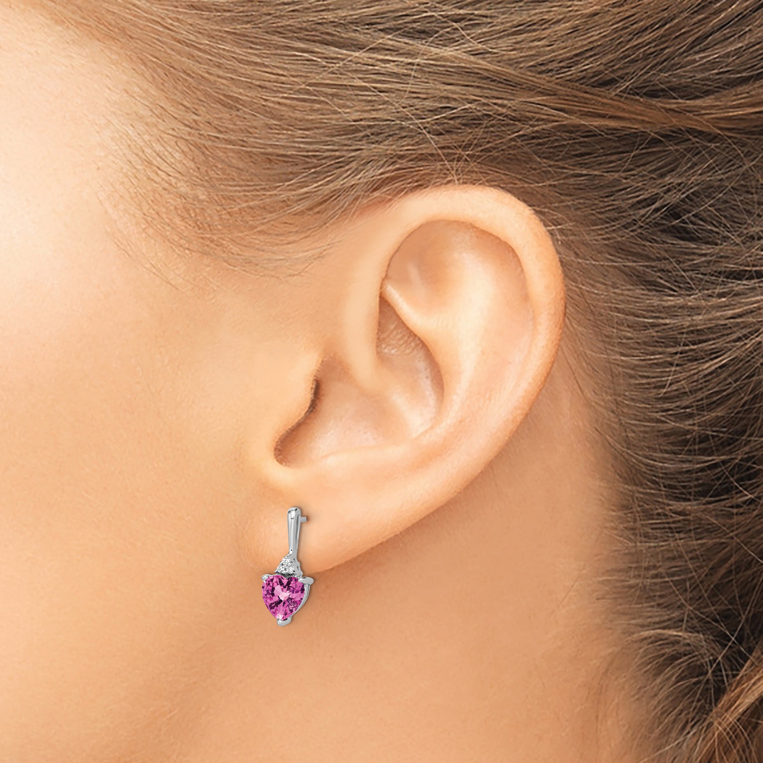 14k White Gold Created Pink Sapphire and Diamond Heart Earrings (1.5 grams)