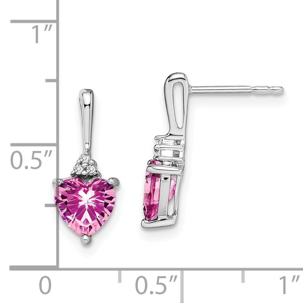 14k White Gold Created Pink Sapphire and Diamond Heart Earrings (1.5 grams)