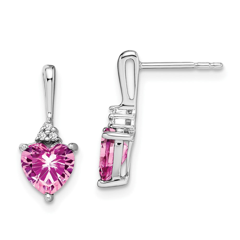 14k White Gold Created Pink Sapphire and Diamond Heart Earrings (1.5 grams)