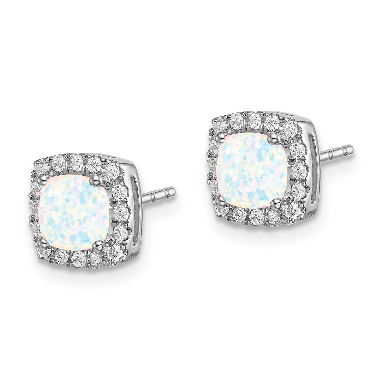 14k White Gold Cushion Created Opal and Diamond Halo Earrings (1.42 grams)