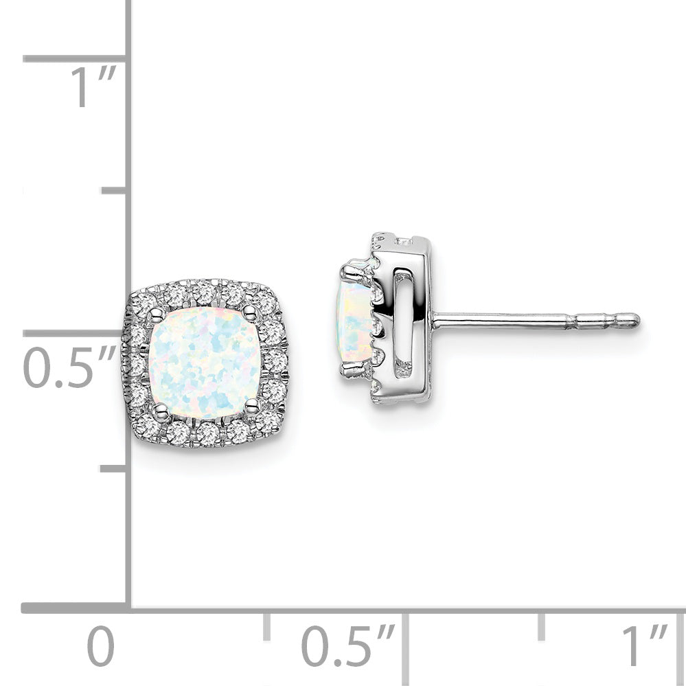 14k White Gold Cushion Created Opal and Diamond Halo Earrings (1.42 grams)