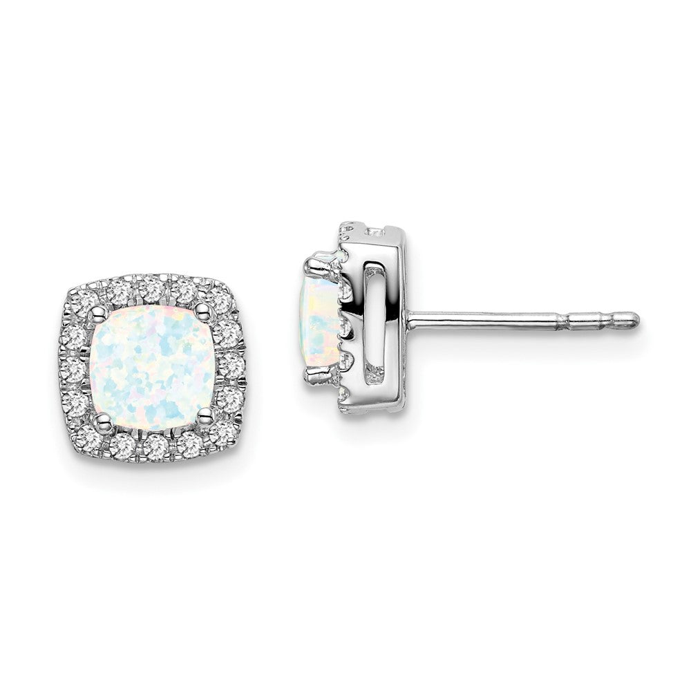 14k White Gold Cushion Created Opal and Diamond Halo Earrings (1.42 grams)