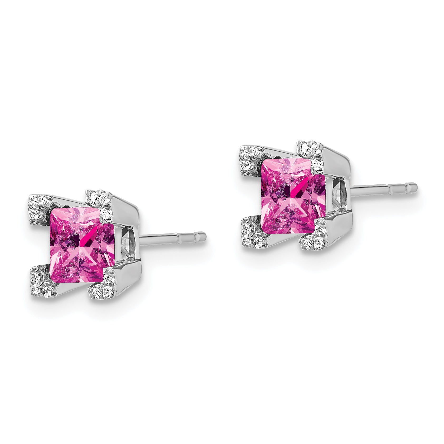 14k White Gold Square Created Pink Sapphire and Diamond Earrings (1.75 grams)