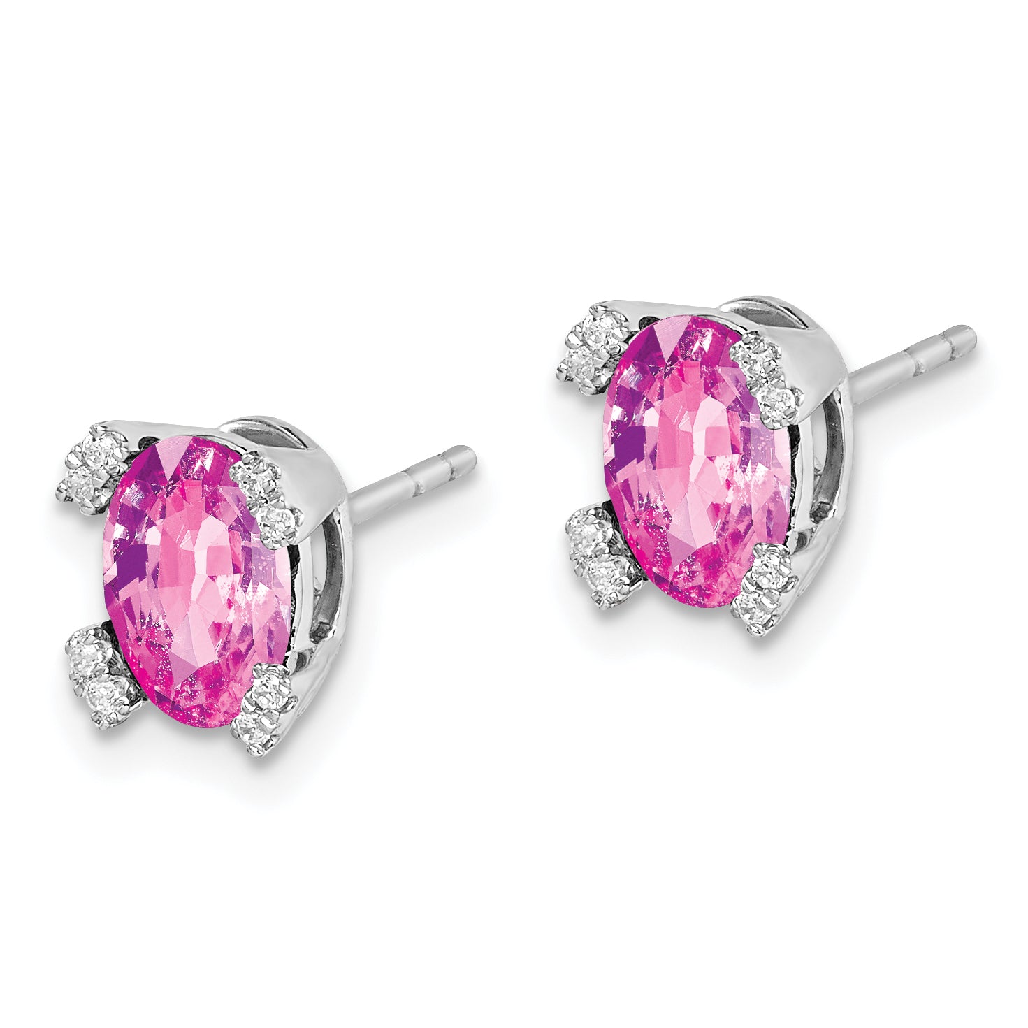 14k White Gold Oval Created Pink Sapphire and Diamond Earrings (1.45 grams)