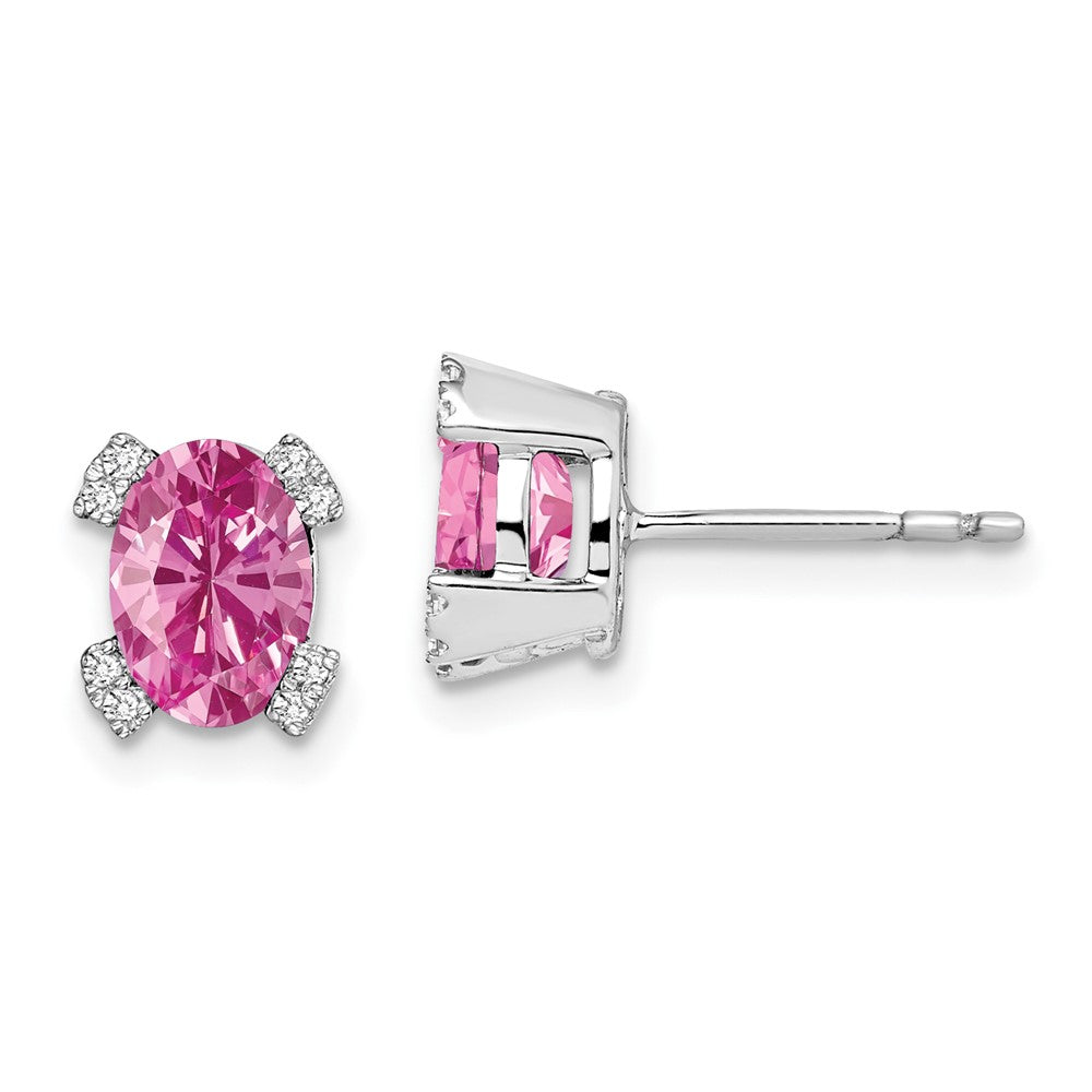 14k White Gold Oval Created Pink Sapphire and Diamond Earrings (1.45 grams)