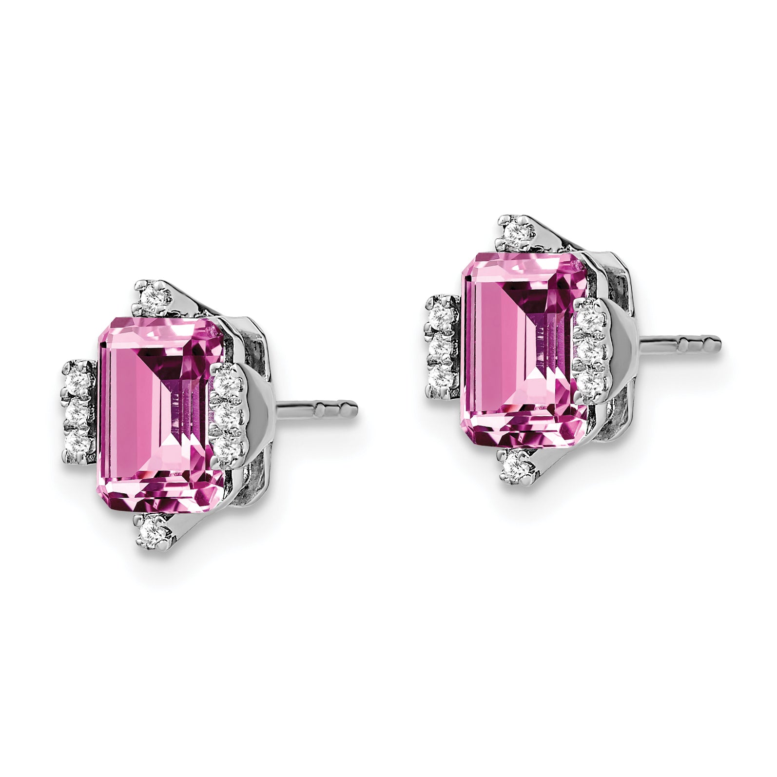 14k White Gold Emerald-shape Creat. Pink Sapphire/Diamond Earrings (1.45 grams)