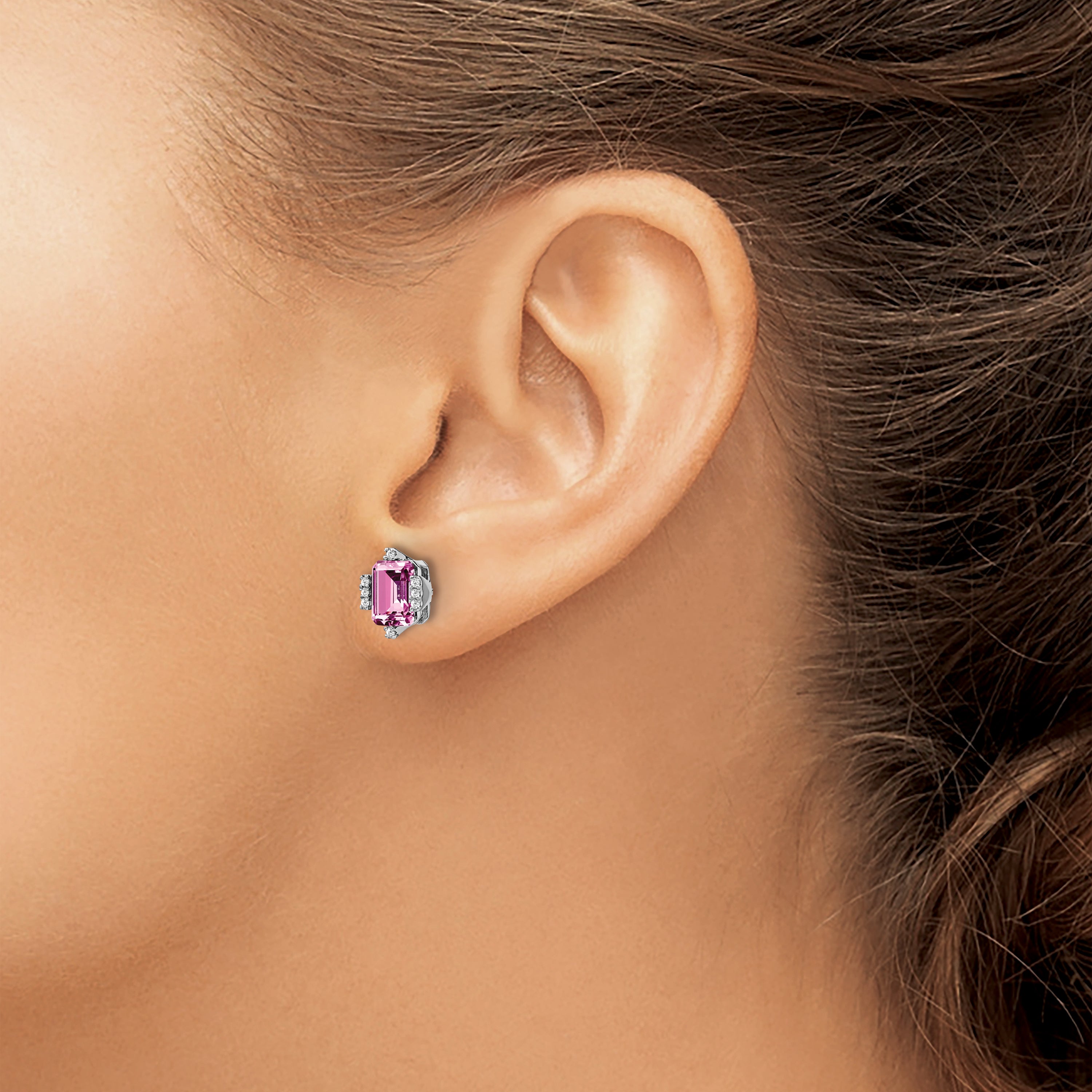 14k White Gold Emerald-shape Creat. Pink Sapphire/Diamond Earrings (1.45 grams)