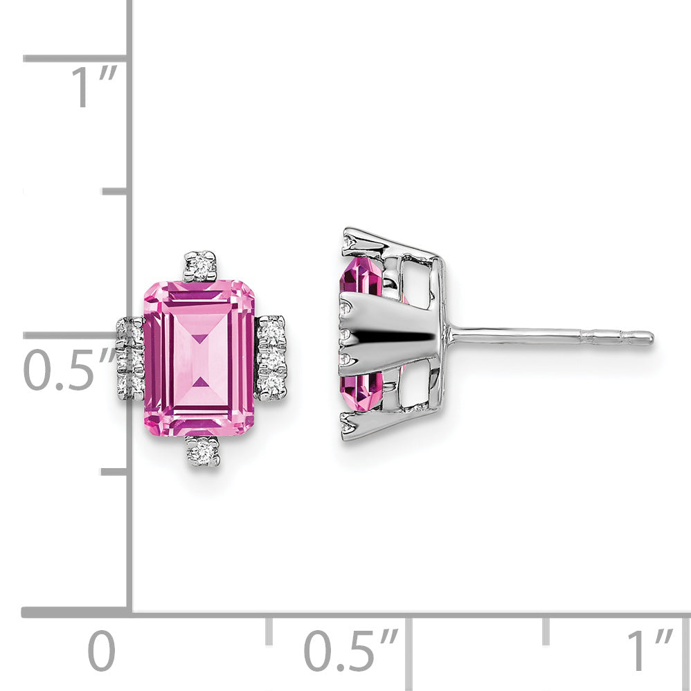 14k White Gold Emerald-shape Creat. Pink Sapphire/Diamond Earrings (1.45 grams)