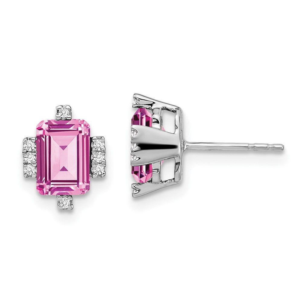 14k White Gold Emerald-shape Creat. Pink Sapphire/Diamond Earrings (1.45 grams)