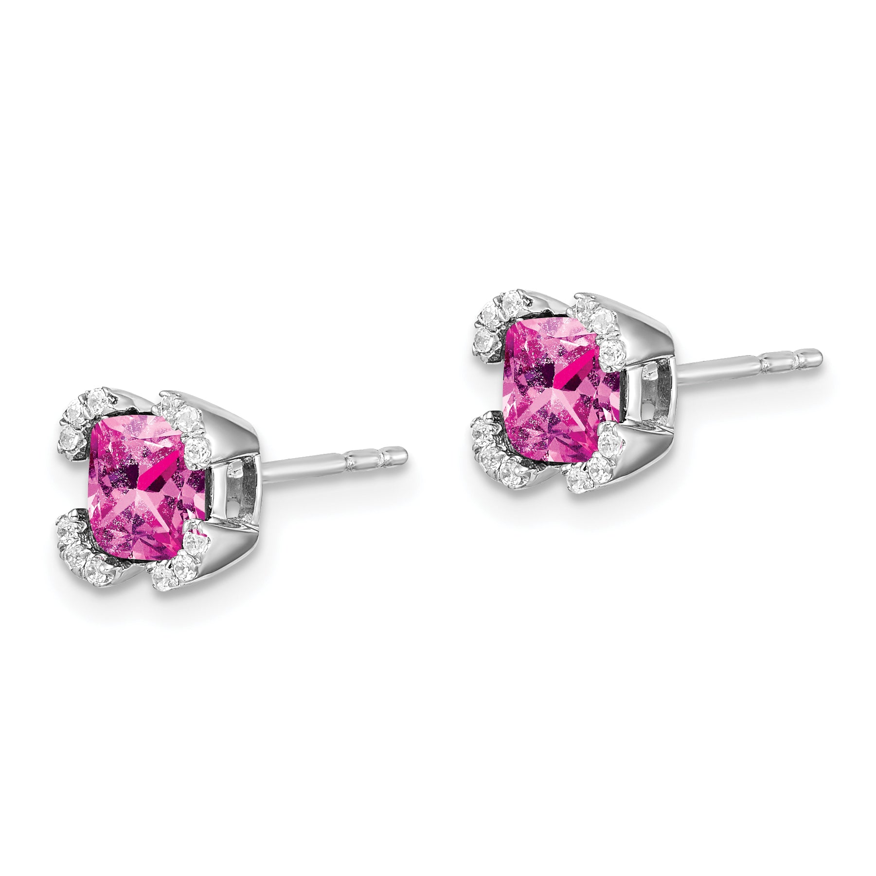 14k White Gold Cushion Created Pink Sapphire and Diamond Earrings (1.45 grams)