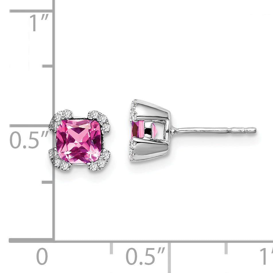 14k White Gold Cushion Created Pink Sapphire and Diamond Earrings (1.45 grams)