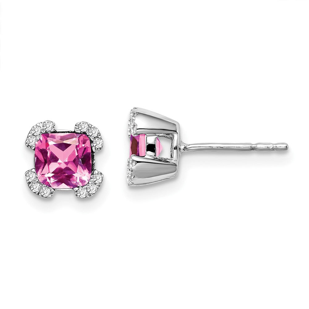 14k White Gold Cushion Created Pink Sapphire and Diamond Earrings (1.45 grams)