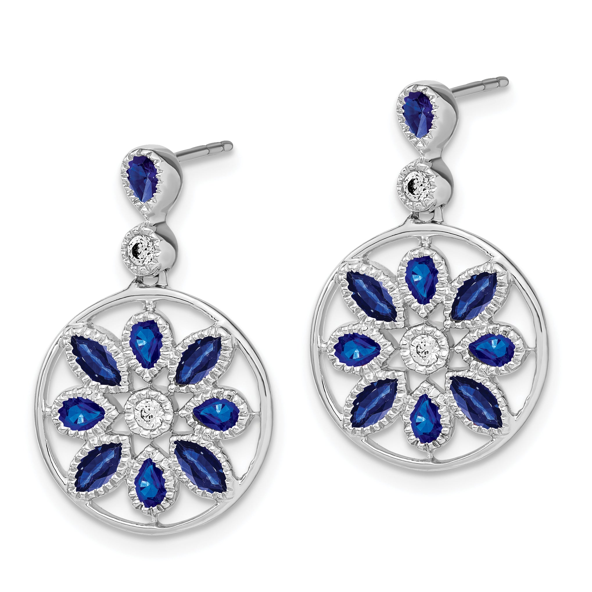 14k White Gold Sapphire and Diamond Floral Dangle Earrings (5.55 grams)
