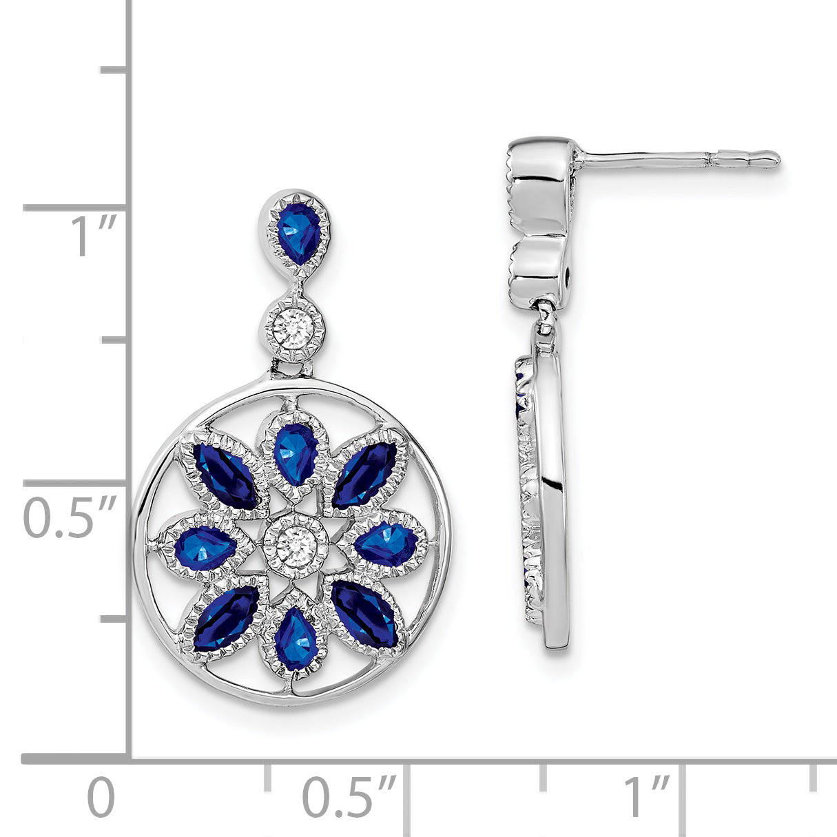 14k White Gold Sapphire and Diamond Floral Dangle Earrings (5.55 grams)