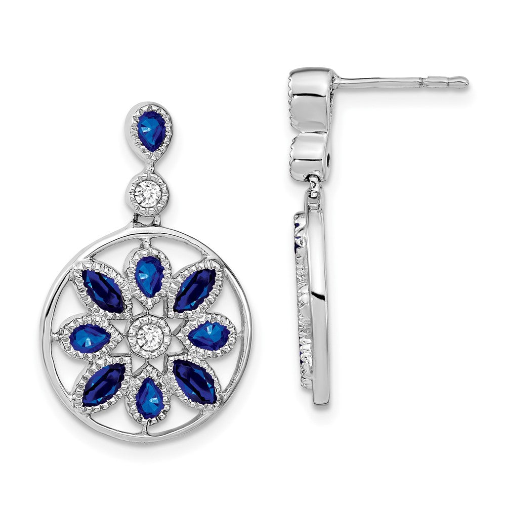 14k White Gold Sapphire and Diamond Floral Dangle Earrings (5.55 grams)