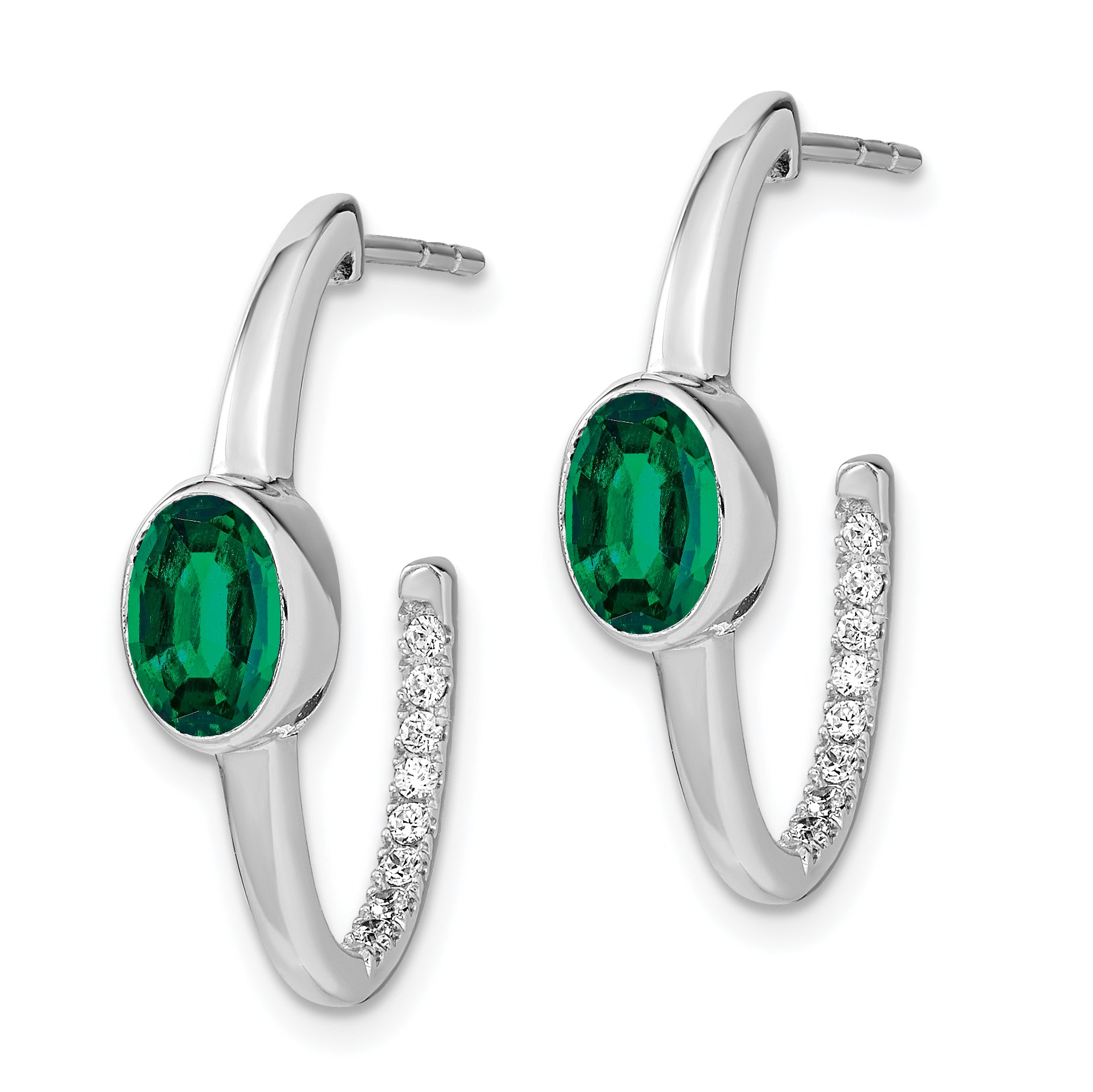 14k White Gold Oval Created Emerald and Diamond J-Hoop Earrings (3.8 grams)