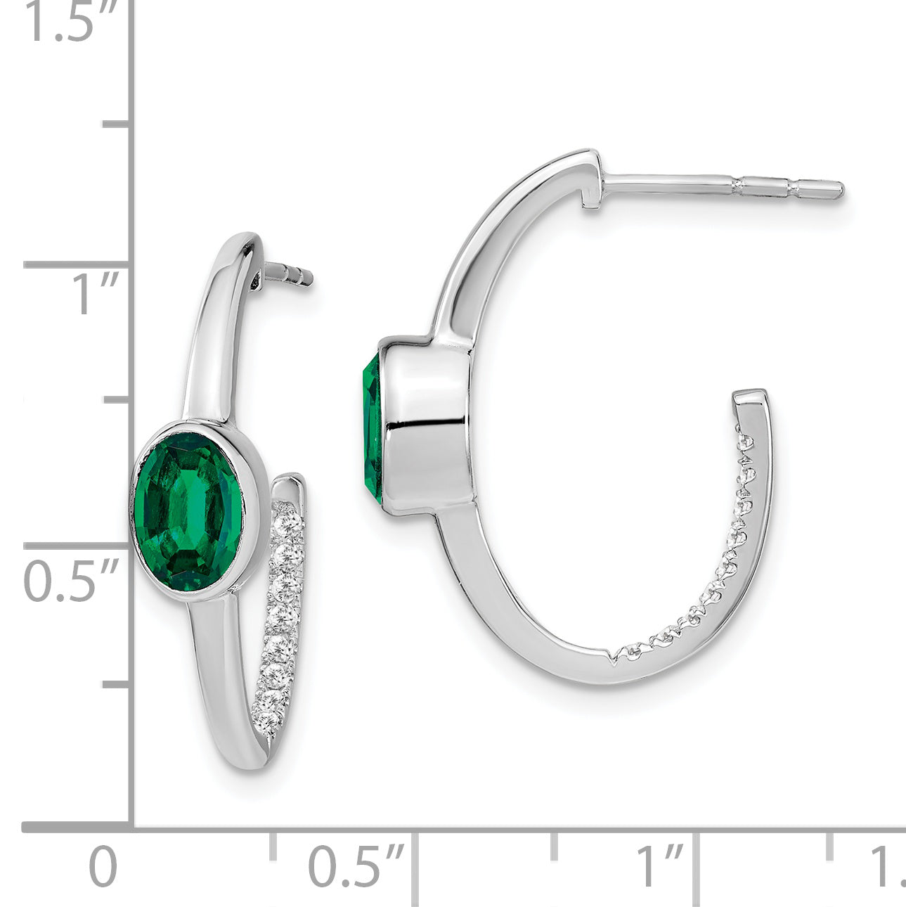 14k White Gold Oval Created Emerald and Diamond J-Hoop Earrings (3.8 grams)