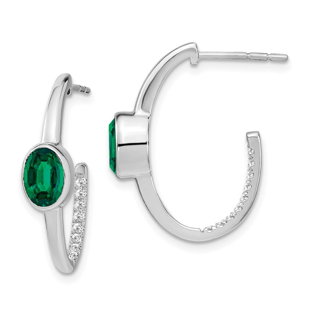 14k White Gold Oval Created Emerald and Diamond J-Hoop Earrings (3.8 grams)