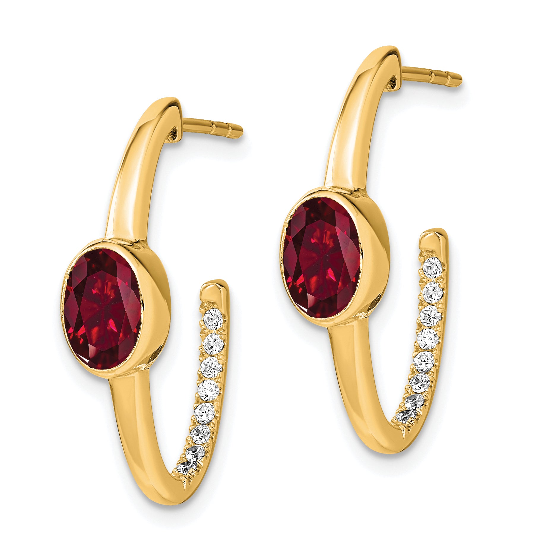 14k Oval Created Ruby and Diamond J-Hoop Earrings (3.8 grams)