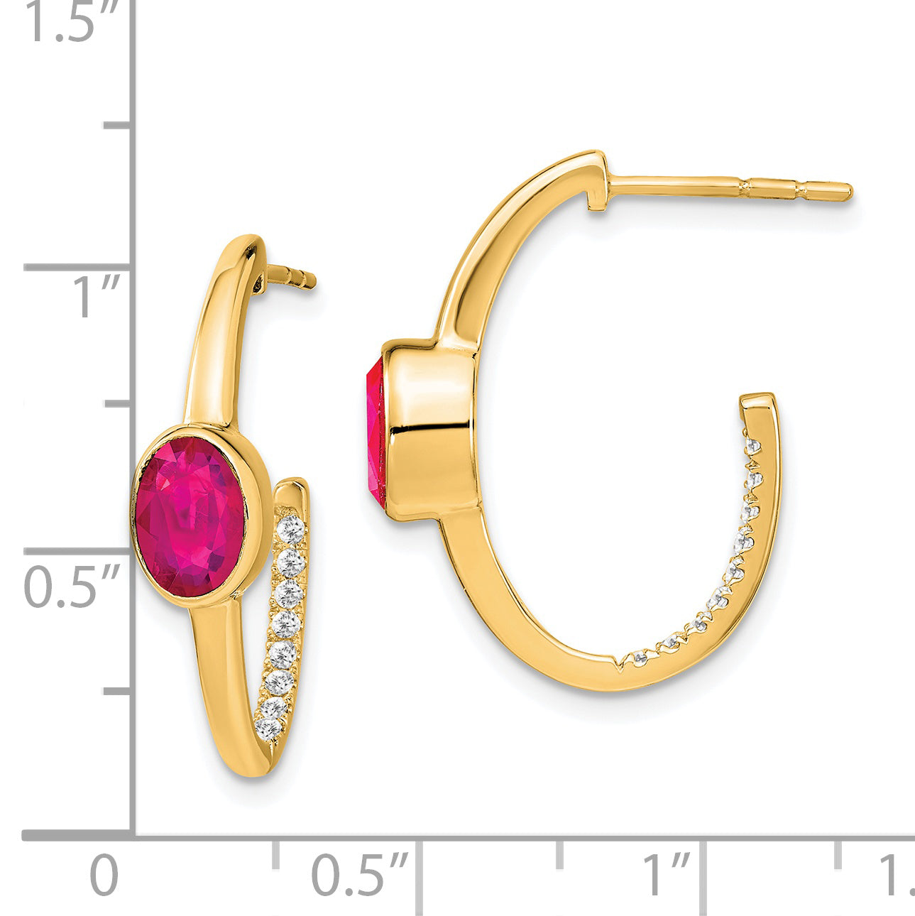 14k Oval Created Ruby and Diamond J-Hoop Earrings (3.8 grams)