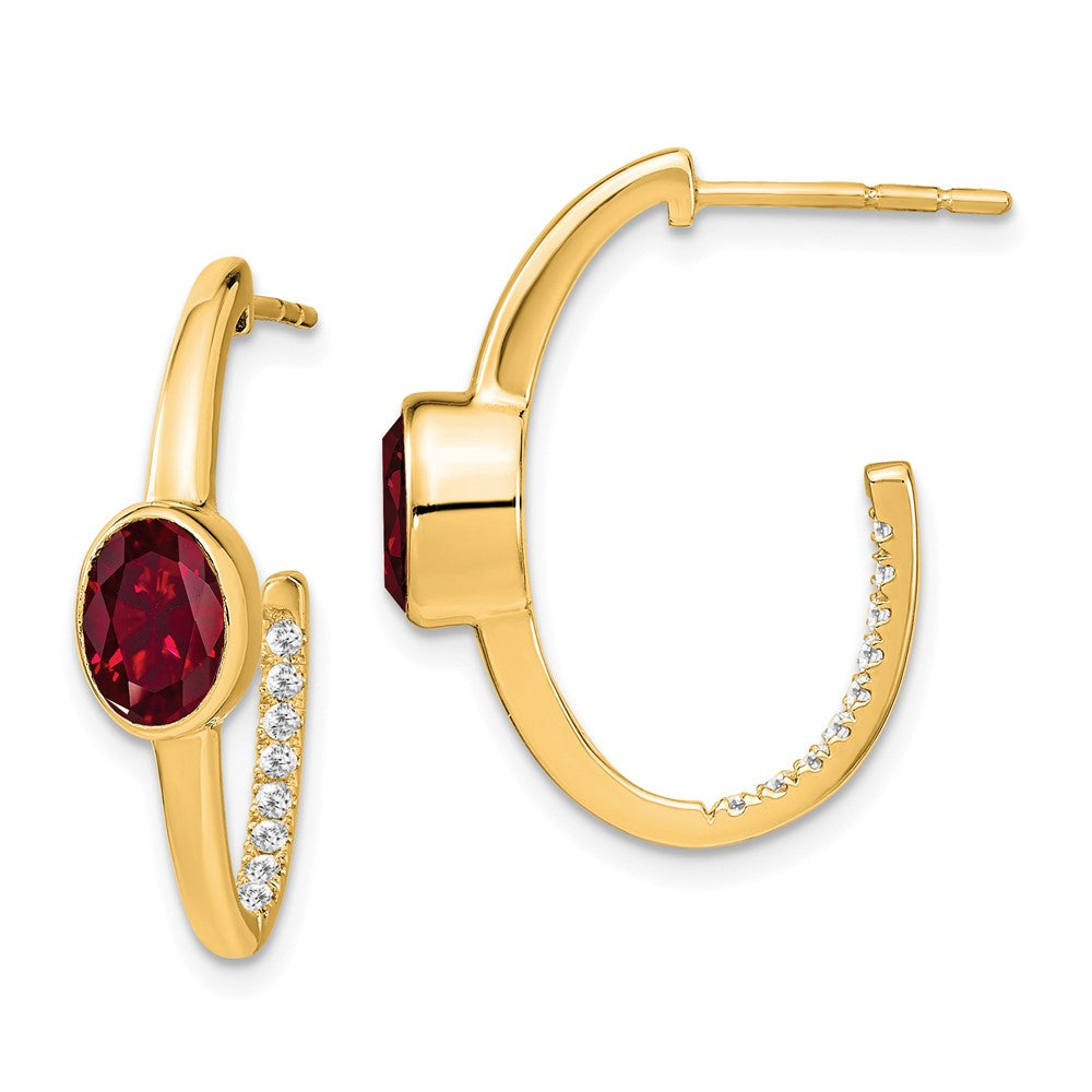 14k Oval Created Ruby and Diamond J-Hoop Earrings (3.8 grams)