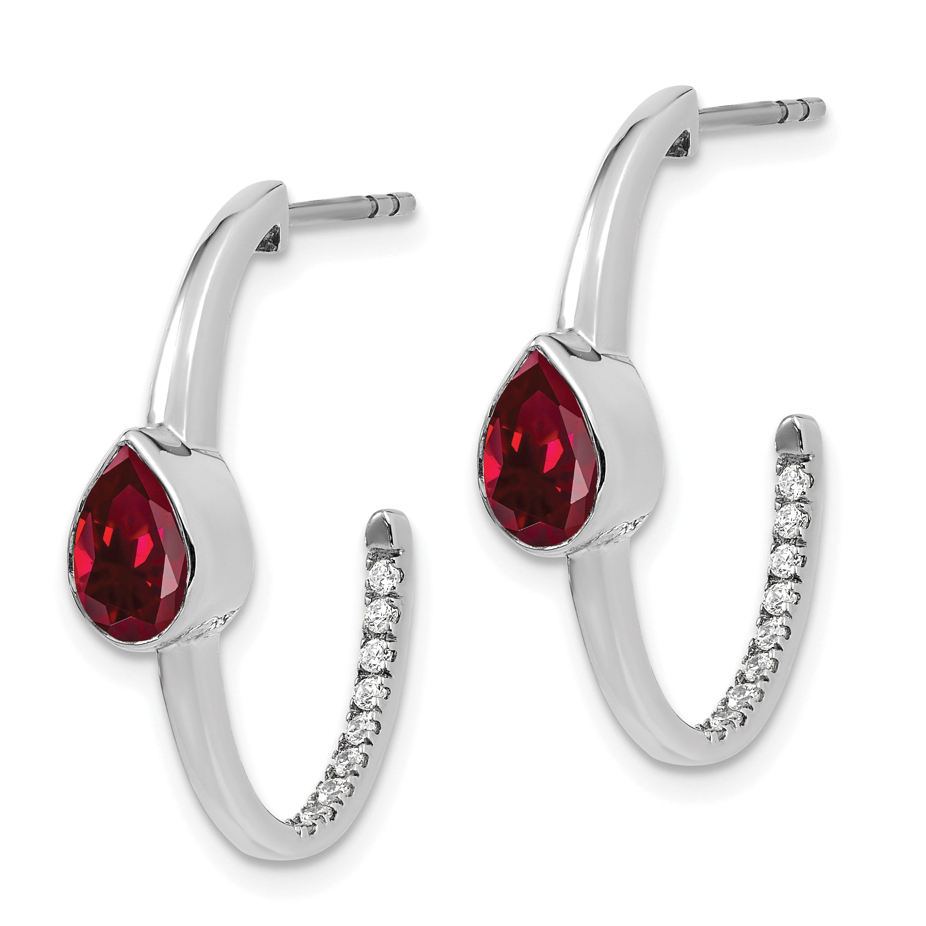 14k White Gold Pear Created Ruby and Diamond J-Hoop Earrings (3.65 grams)