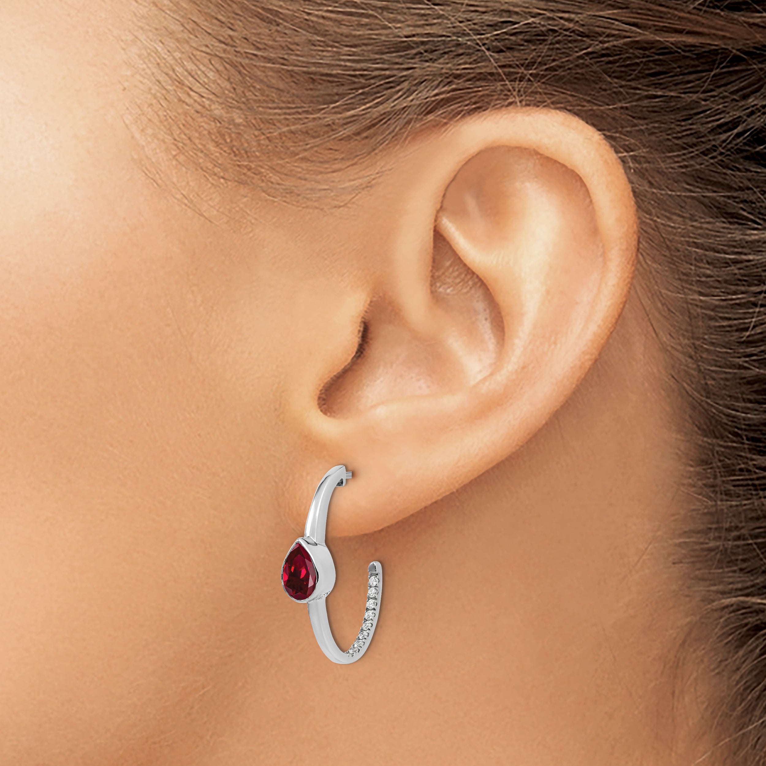 14k White Gold Pear Created Ruby and Diamond J-Hoop Earrings (3.65 grams)