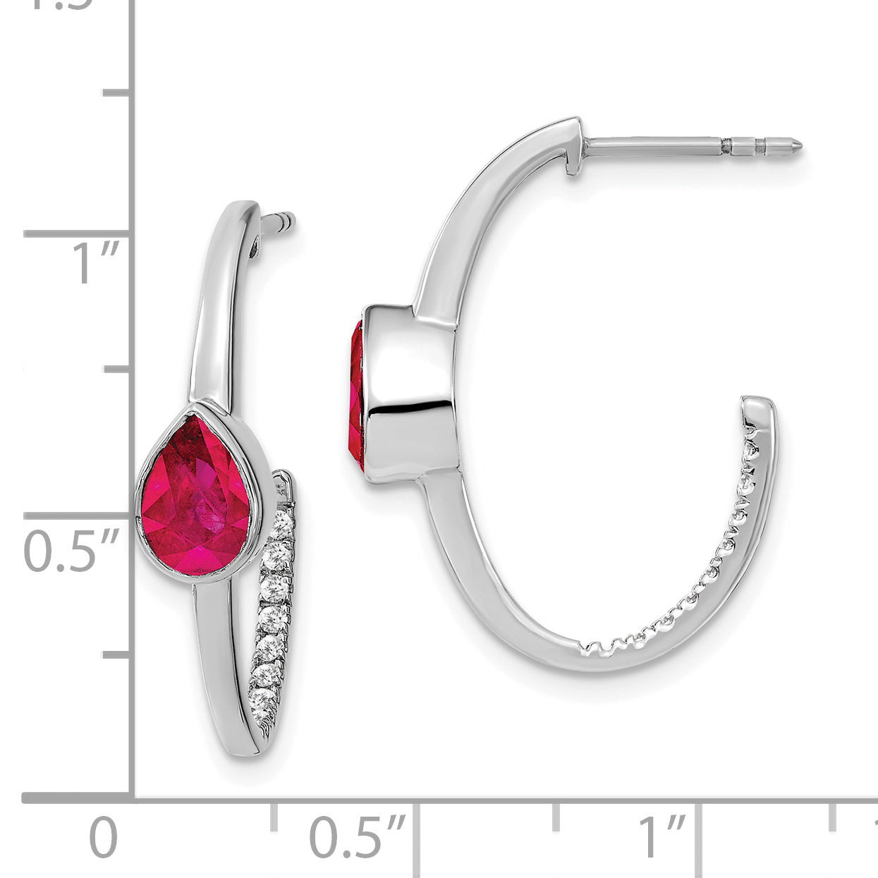 14k White Gold Pear Created Ruby and Diamond J-Hoop Earrings (3.65 grams)