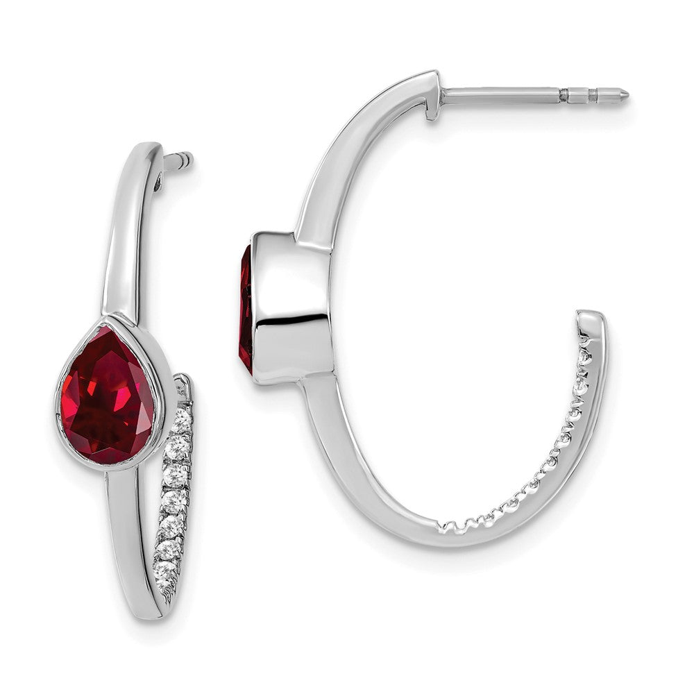 14k White Gold Pear Created Ruby and Diamond J-Hoop Earrings (3.65 grams)