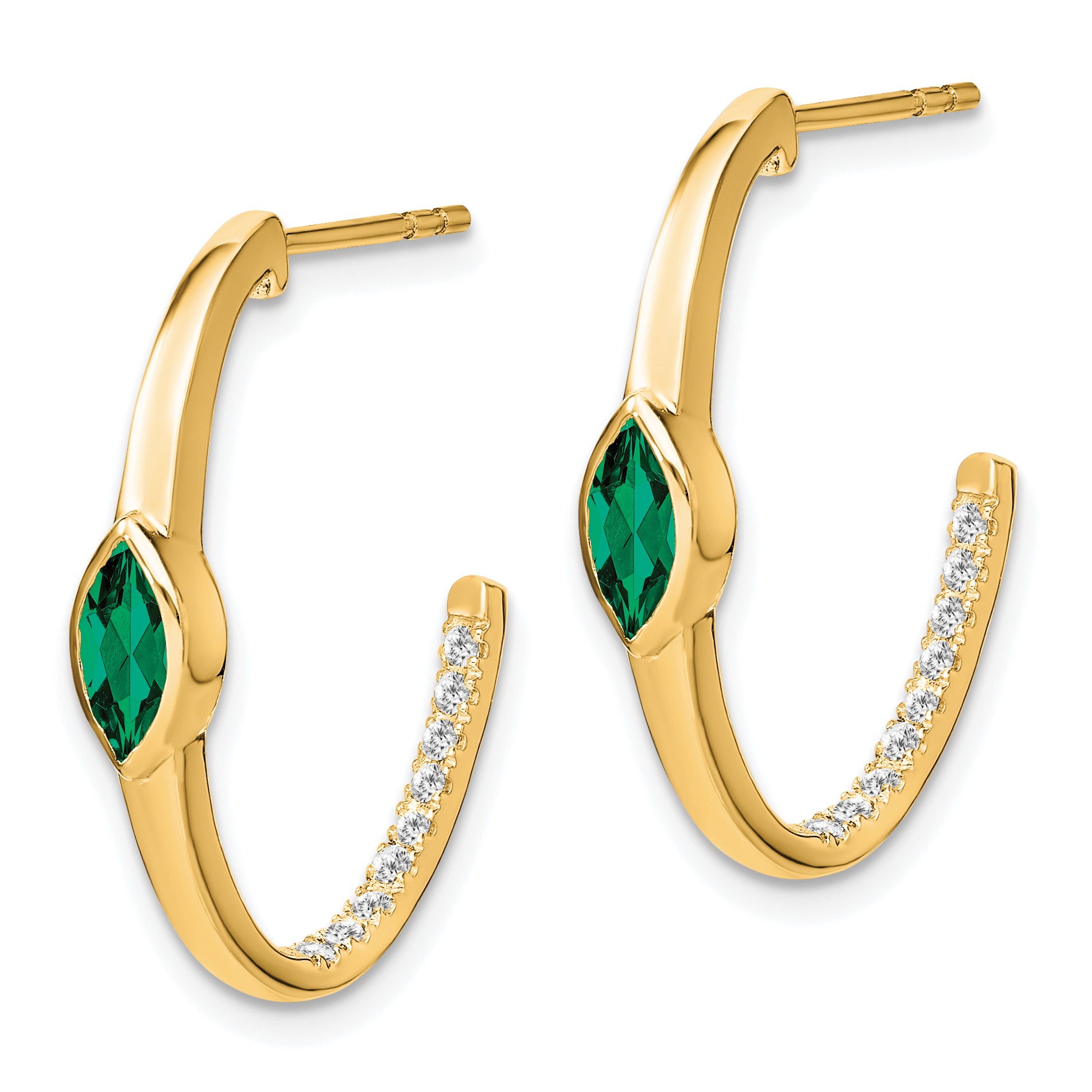 14k Marquise Created Emerald and Diamond J-hoop Earrings (3.4 grams)