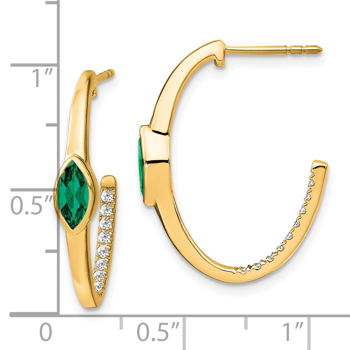 14k Marquise Created Emerald and Diamond J-hoop Earrings (3.4 grams)