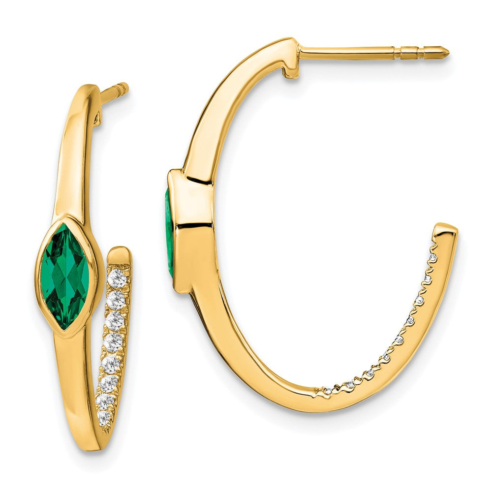 14k Marquise Created Emerald and Diamond J-hoop Earrings (3.4 grams)