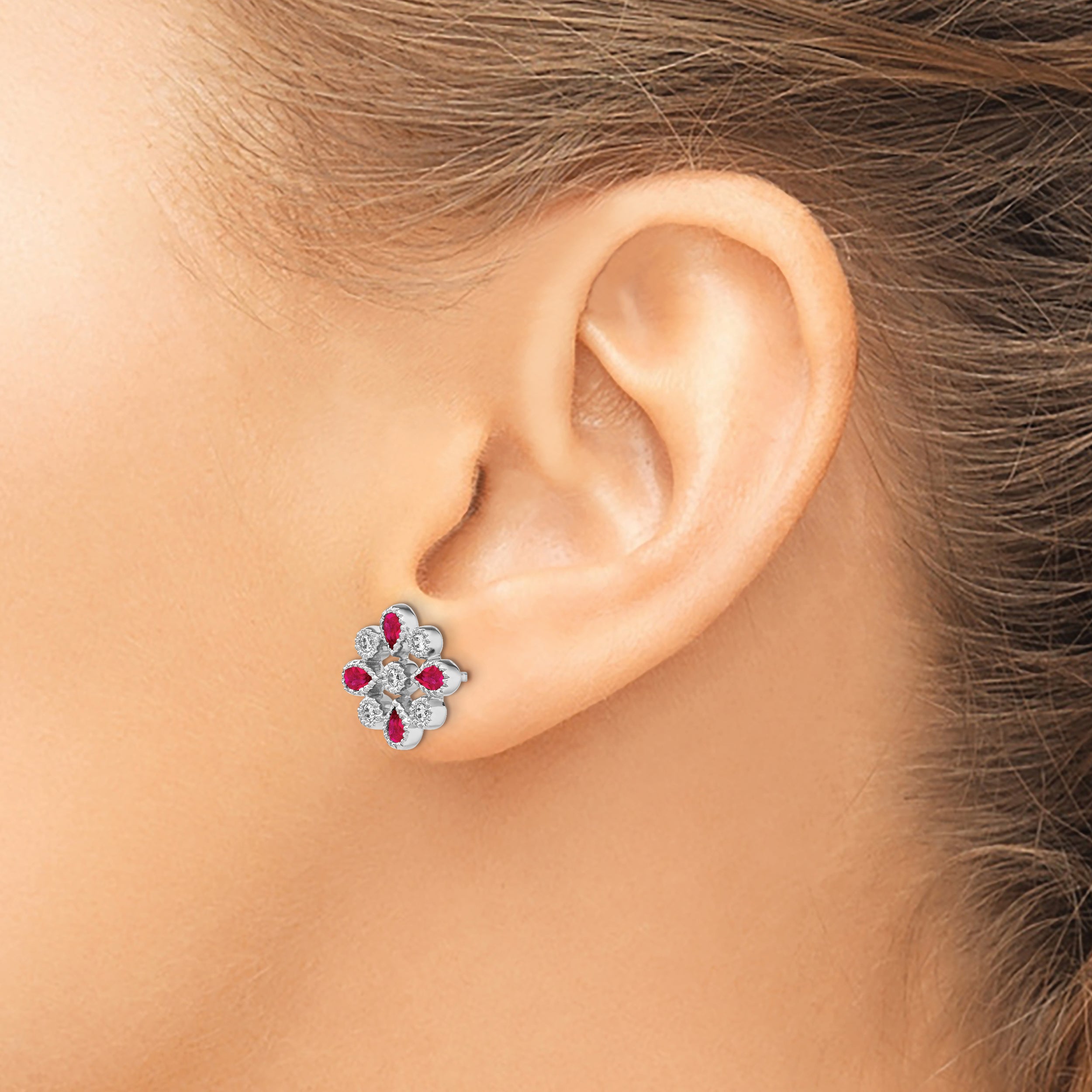 14k White Gold Ruby and Diamond Post Earrings (2.8 grams)