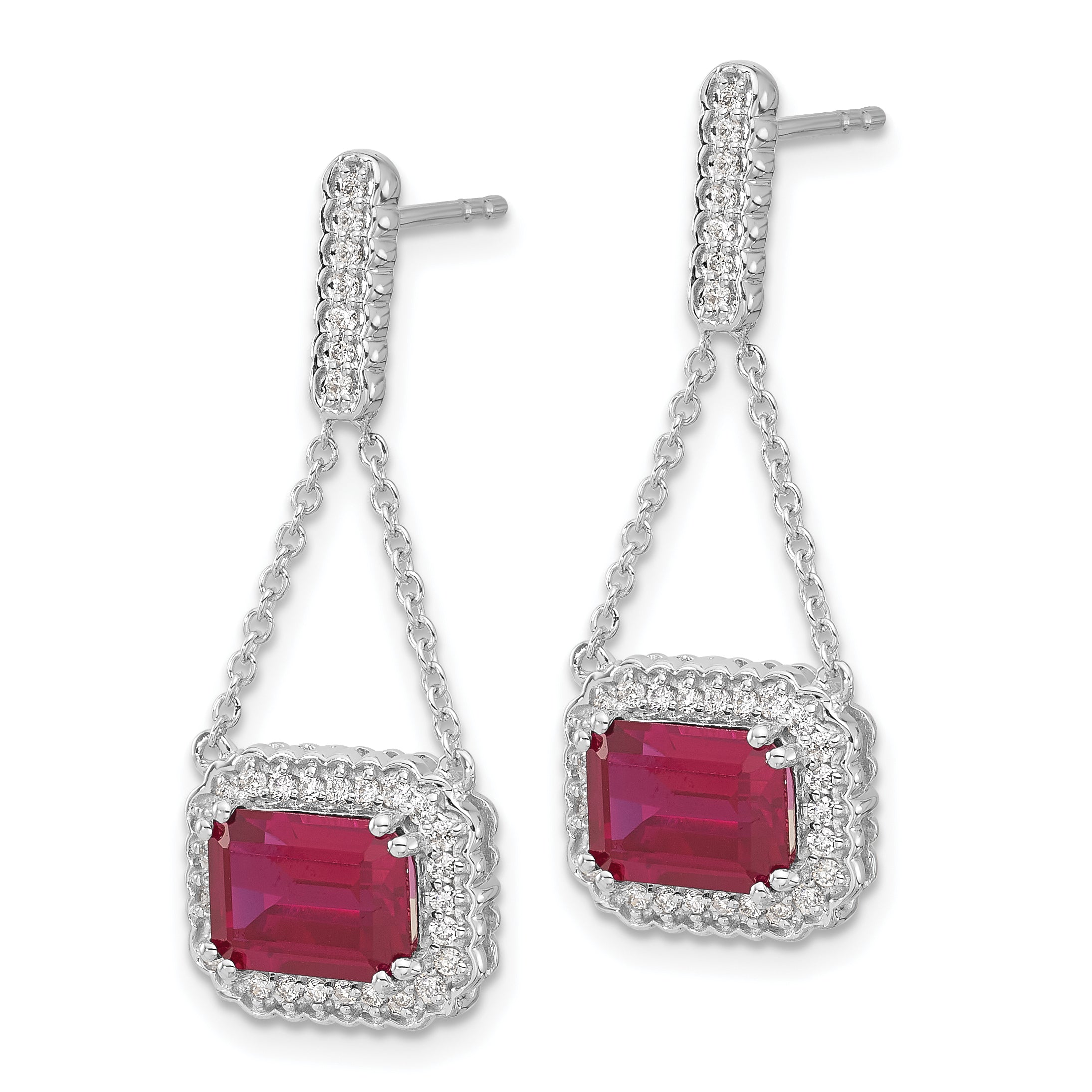 14k White Gold Created Ruby and Diamond Dangle Earrings (3.8 grams)