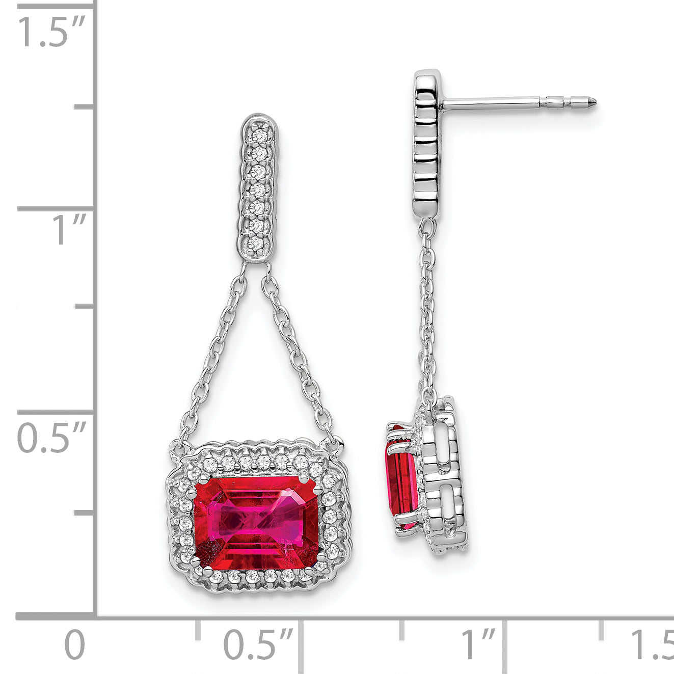 14k White Gold Created Ruby and Diamond Dangle Earrings (3.8 grams)