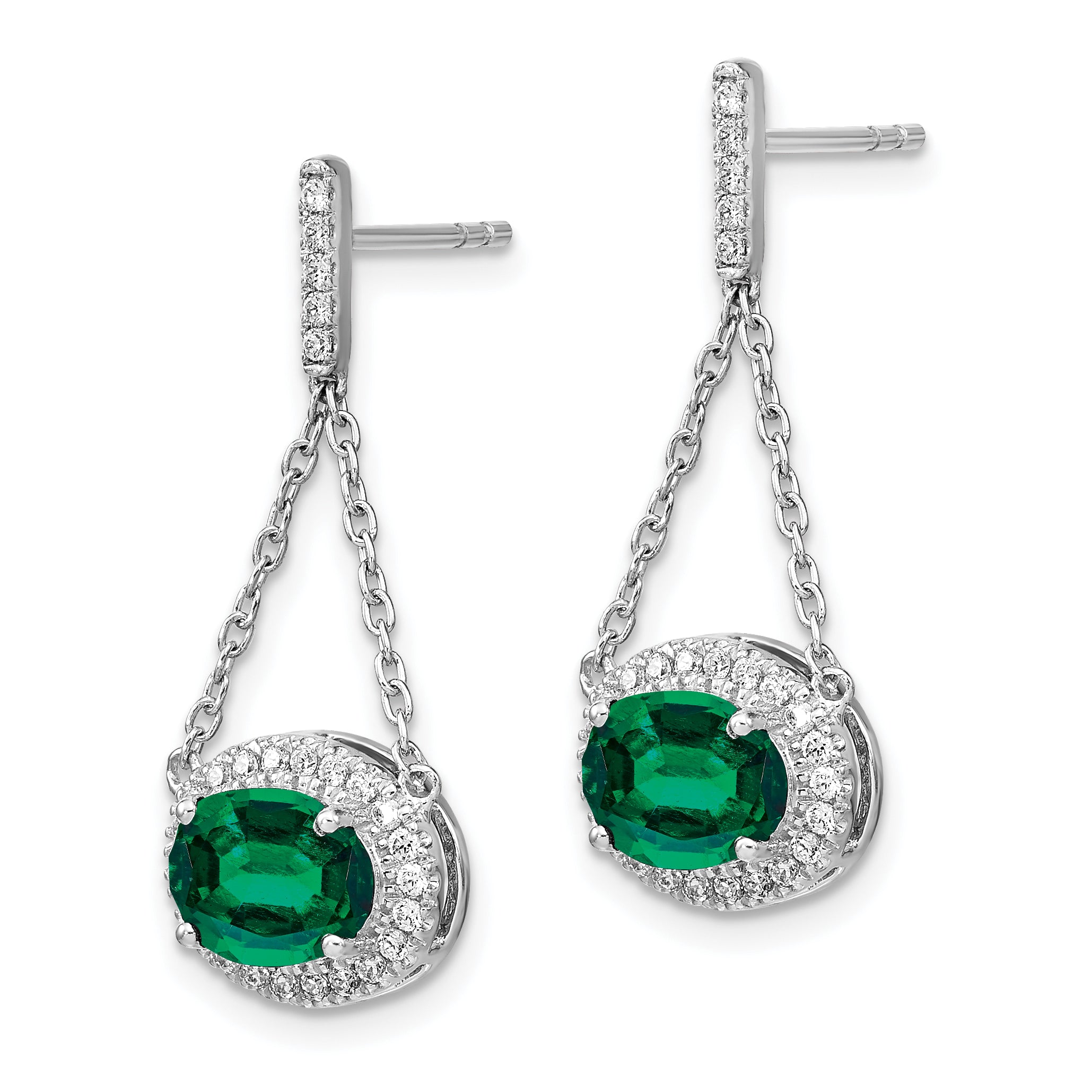 14k White Gold Oval Created Emerald and Diamond Dangle Earrings (2.2 grams)