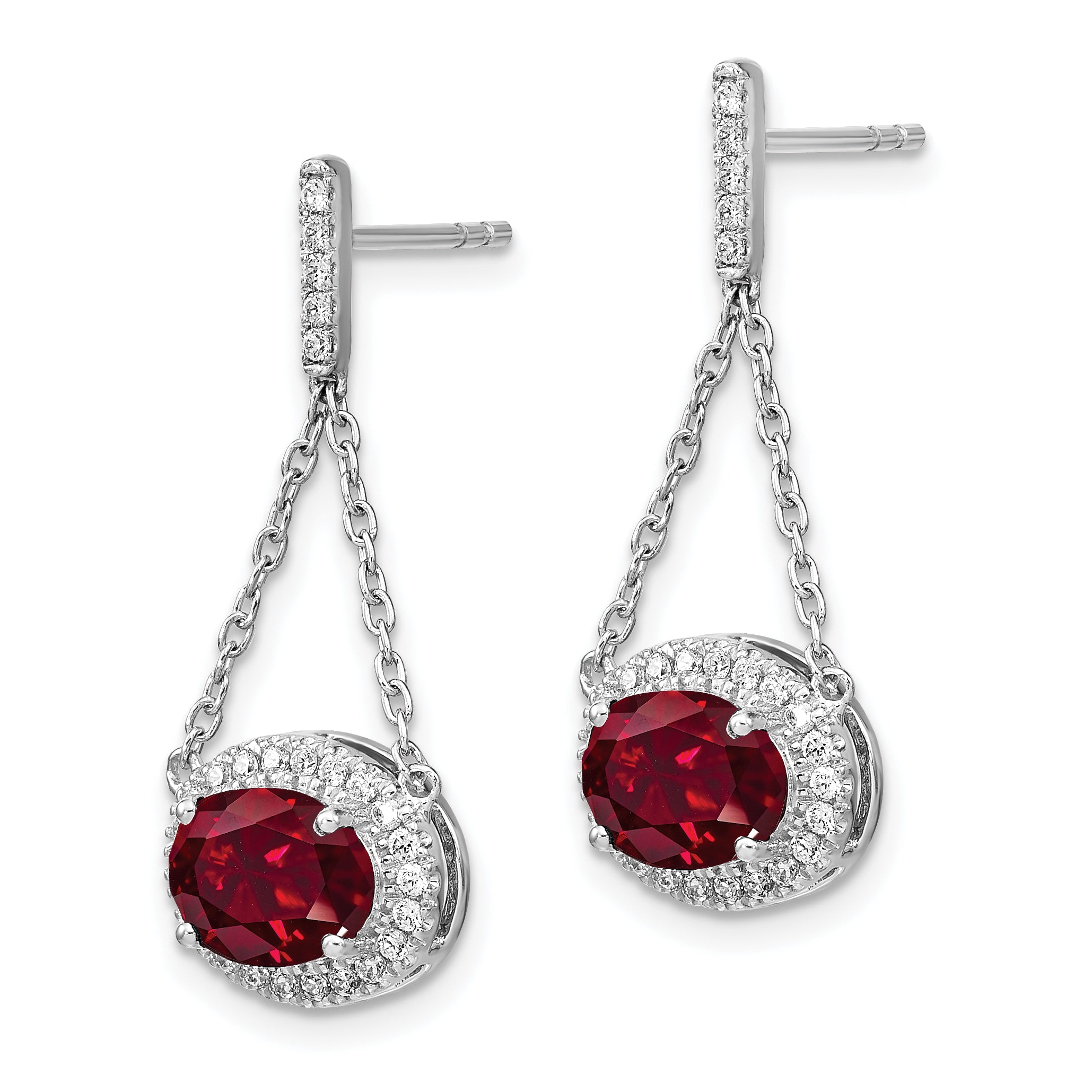 14k White Gold Oval Created Ruby and Diamond Dangle Earrings (2.2 grams)