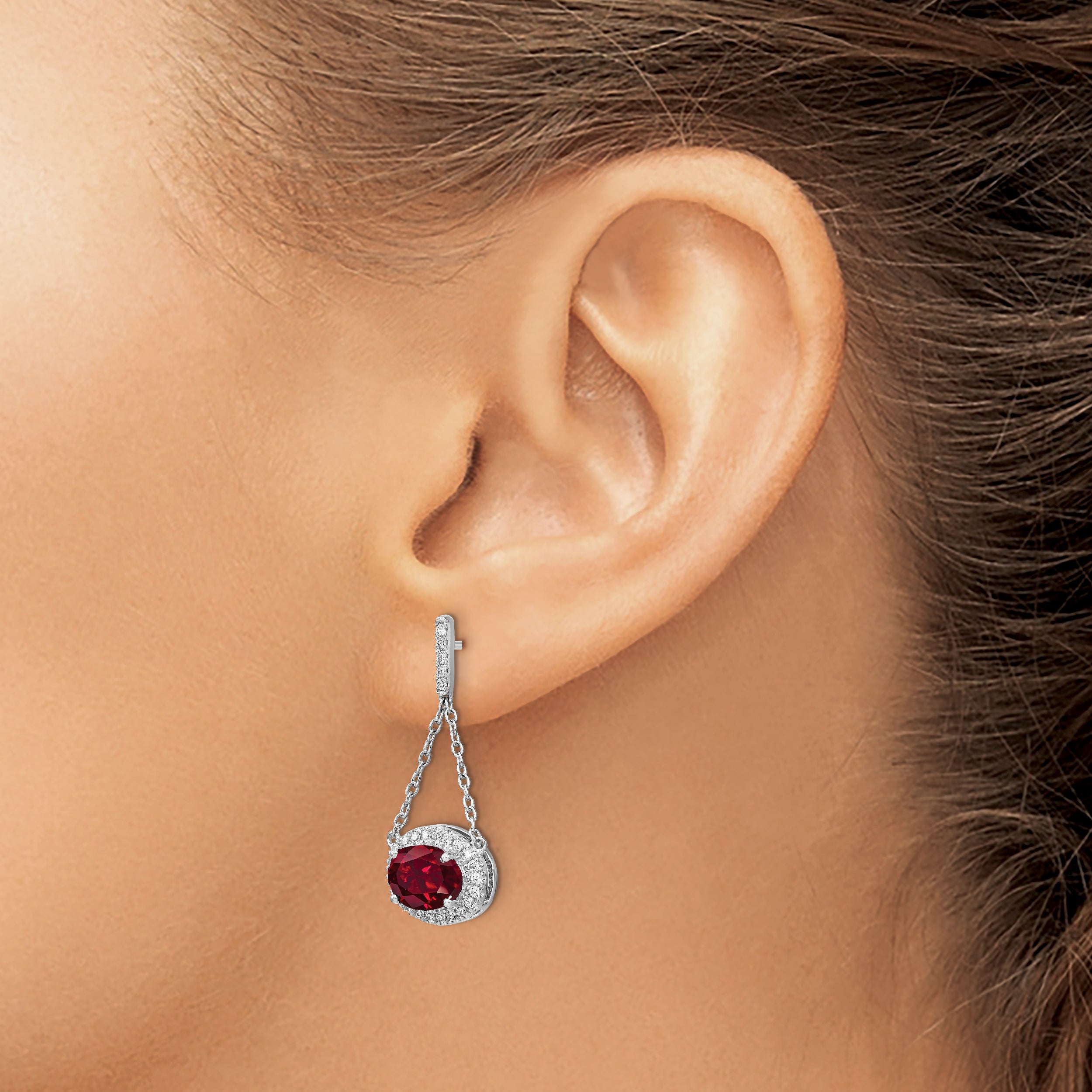 14k White Gold Oval Created Ruby and Diamond Dangle Earrings (2.2 grams)