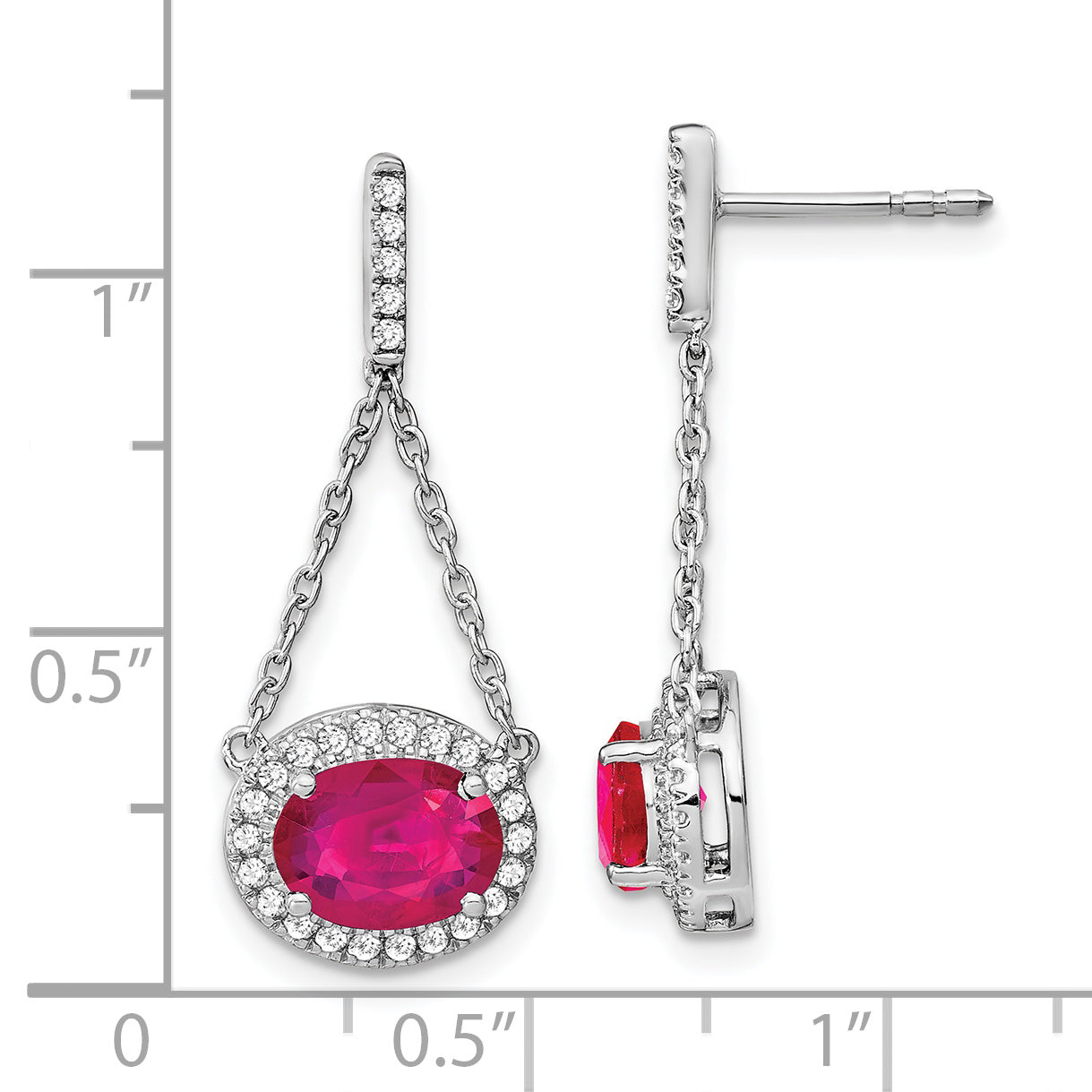 14k White Gold Oval Created Ruby and Diamond Dangle Earrings (2.2 grams)