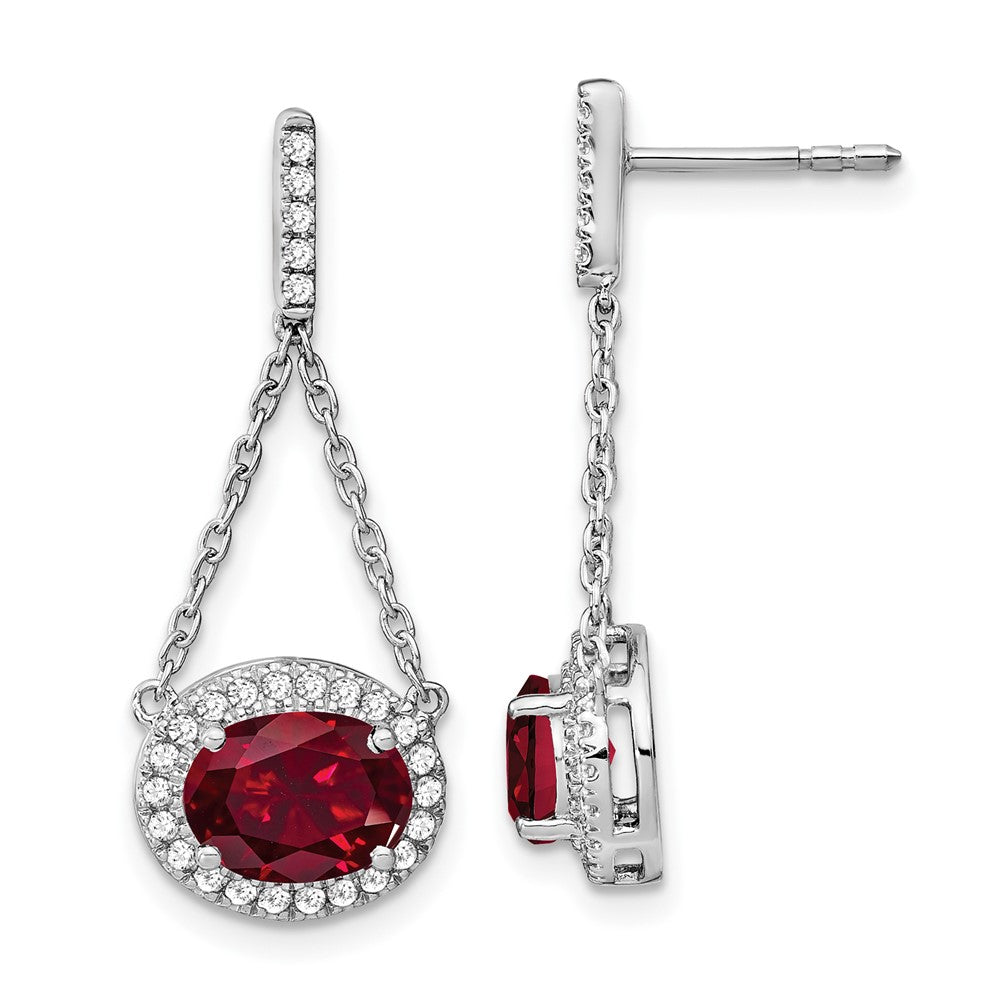 14k White Gold Oval Created Ruby and Diamond Dangle Earrings (2.2 grams)