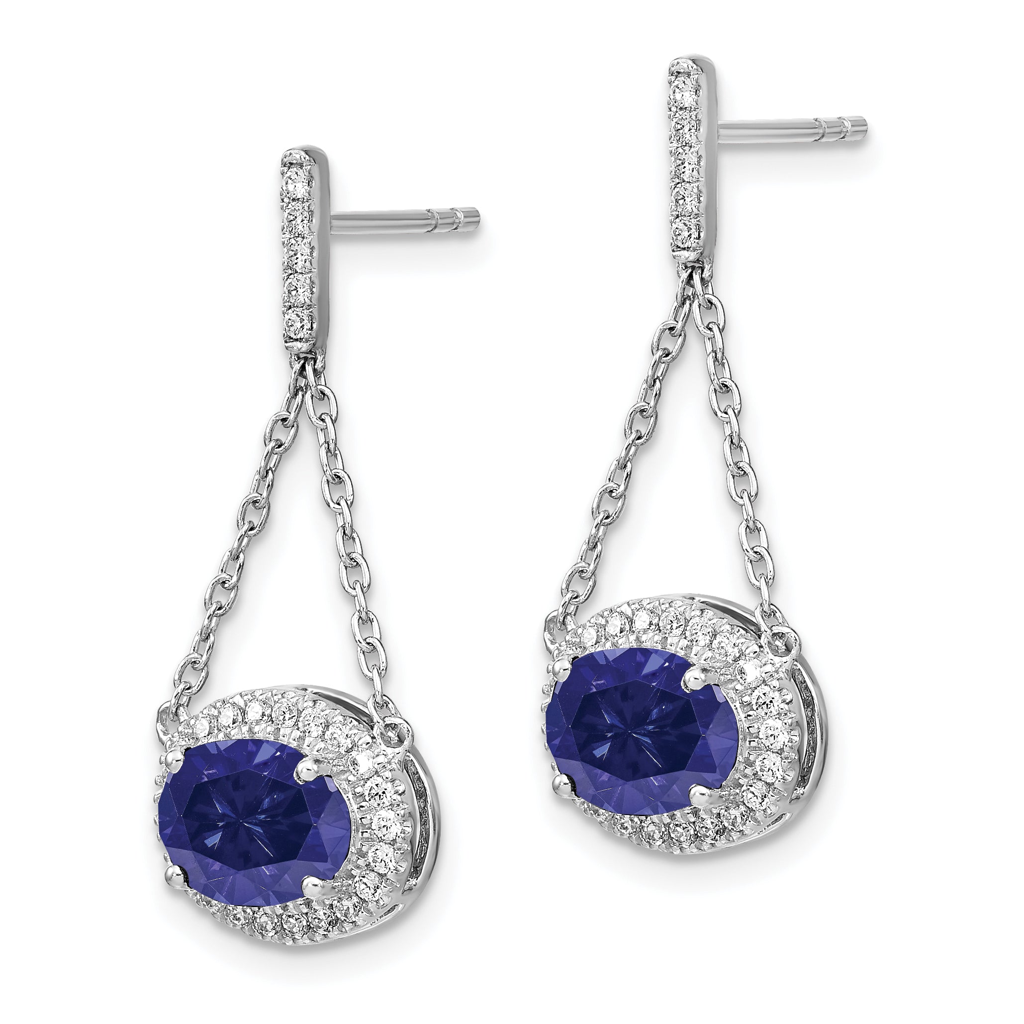 14k White Gold Oval Created Sapphire and Diamond Dangle Earrings (2.2 grams)