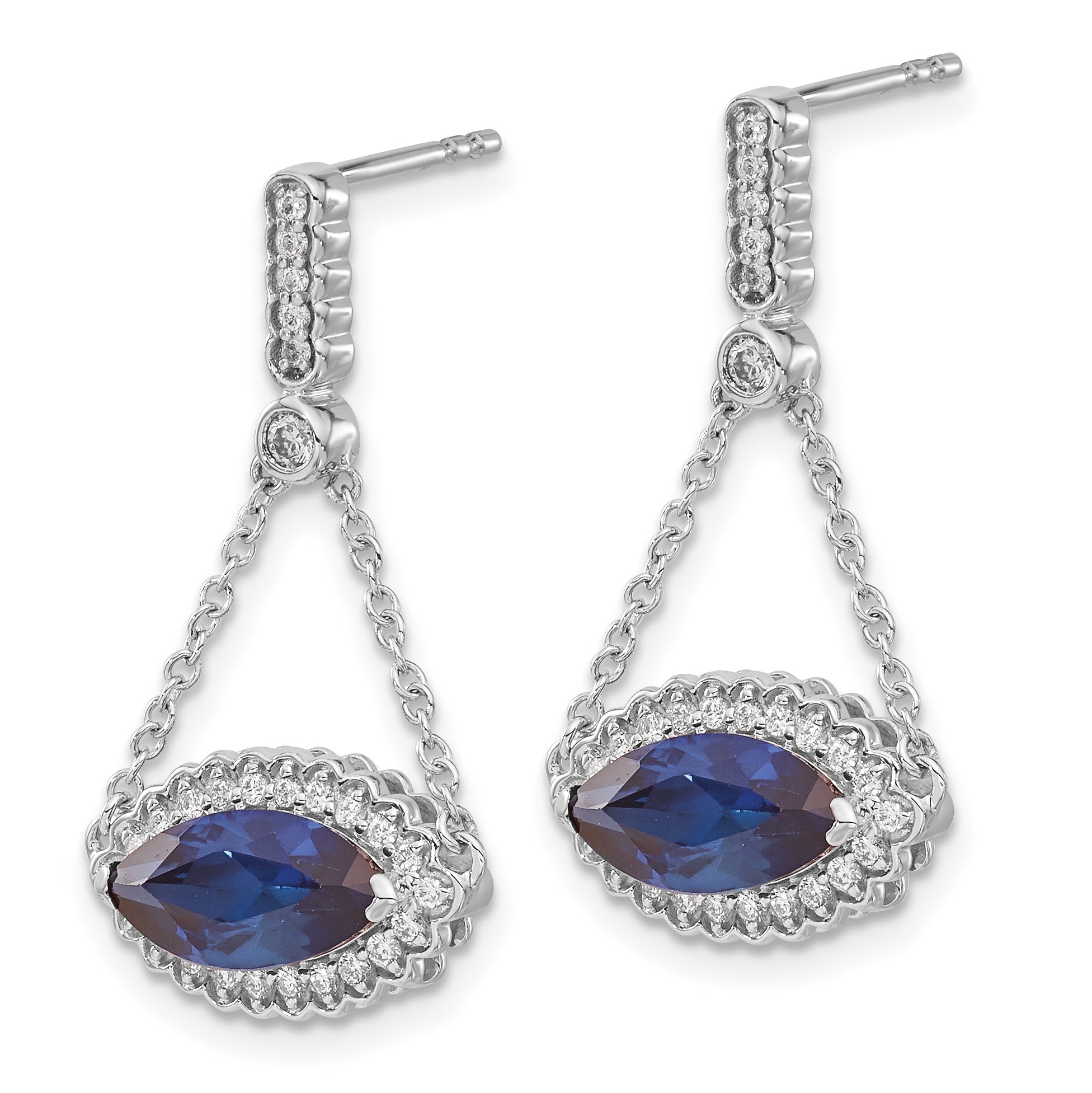 14k White Gold Marquise Created Sapphire and Diamond Earrings (3.55 grams)