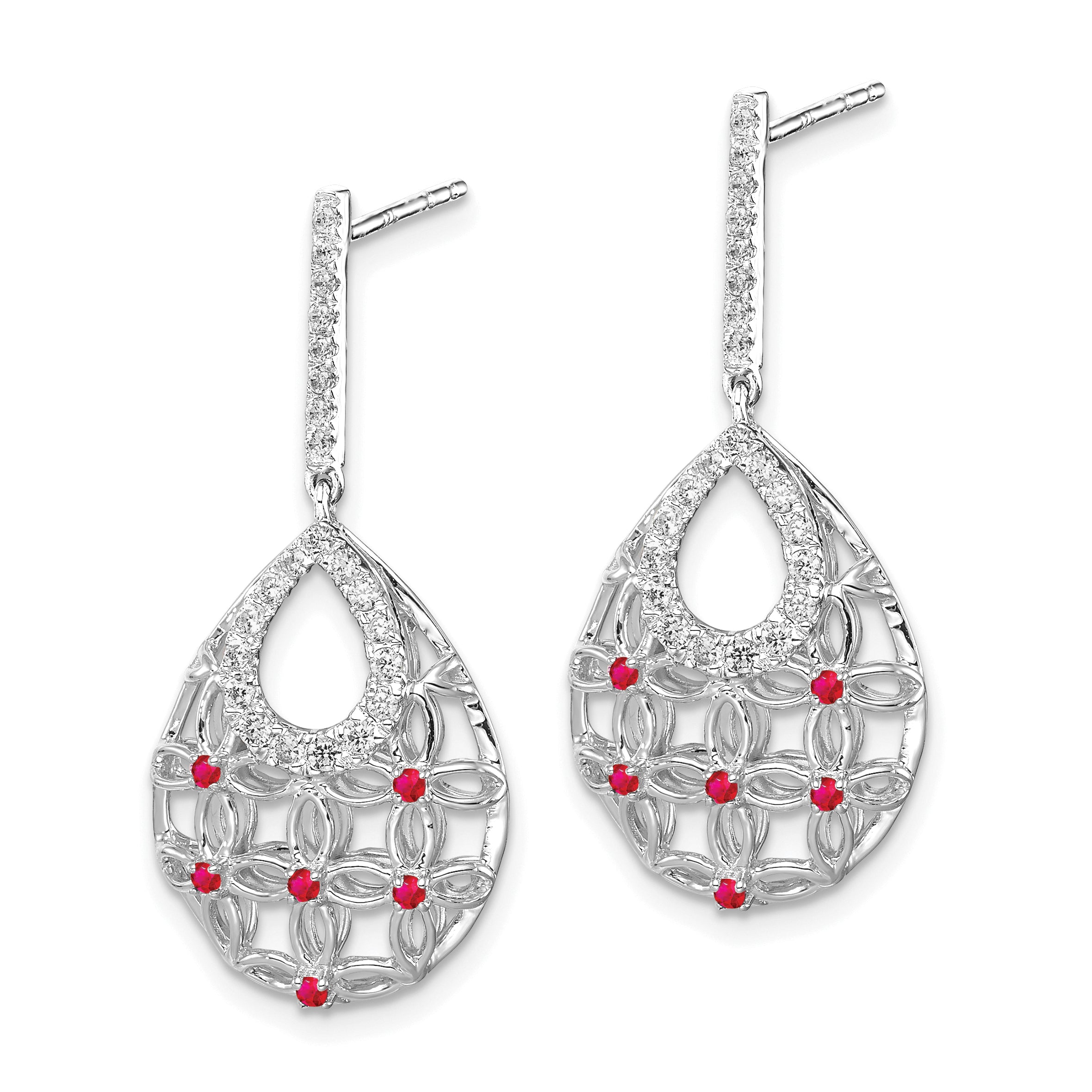 14k White Gold Ruby and Diamond Dangle Earrings (3.6 grams)