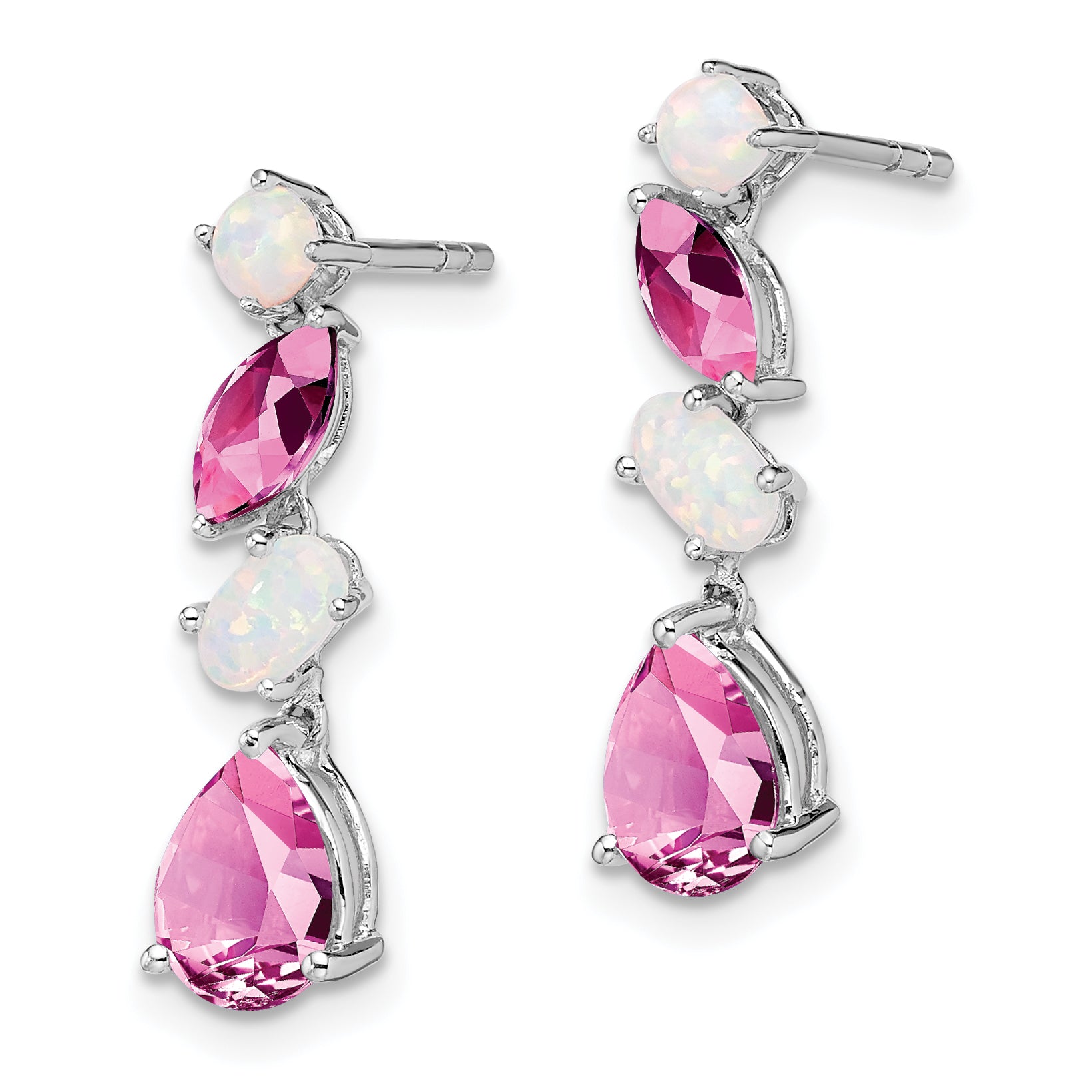 14k White Gold Created Pink Sapphire and Opal Dangle Earrings (1.75 grams)