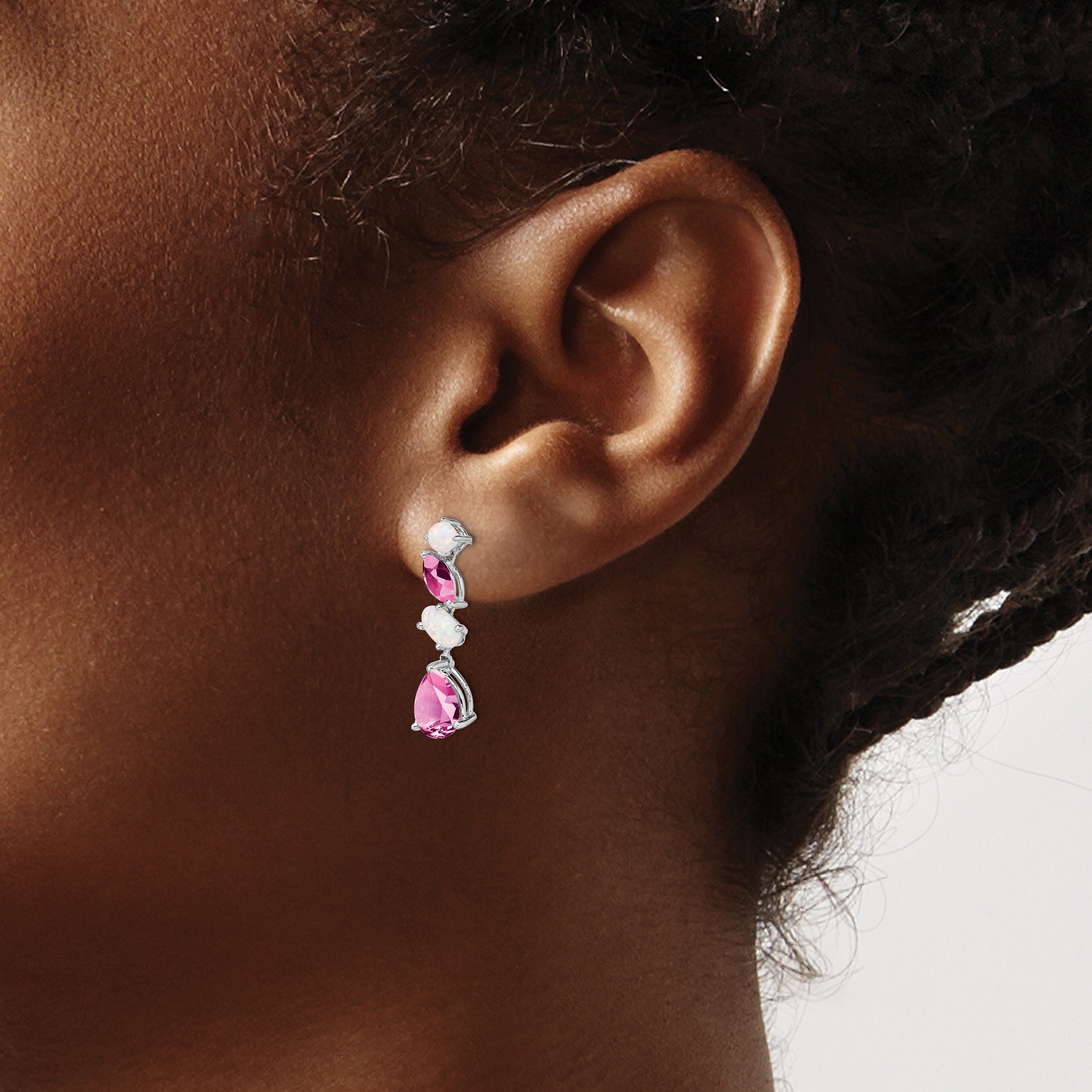 14k White Gold Created Pink Sapphire and Opal Dangle Earrings (1.75 grams)