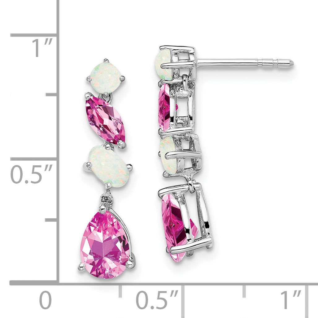 14k White Gold Created Pink Sapphire and Opal Dangle Earrings (1.75 grams)