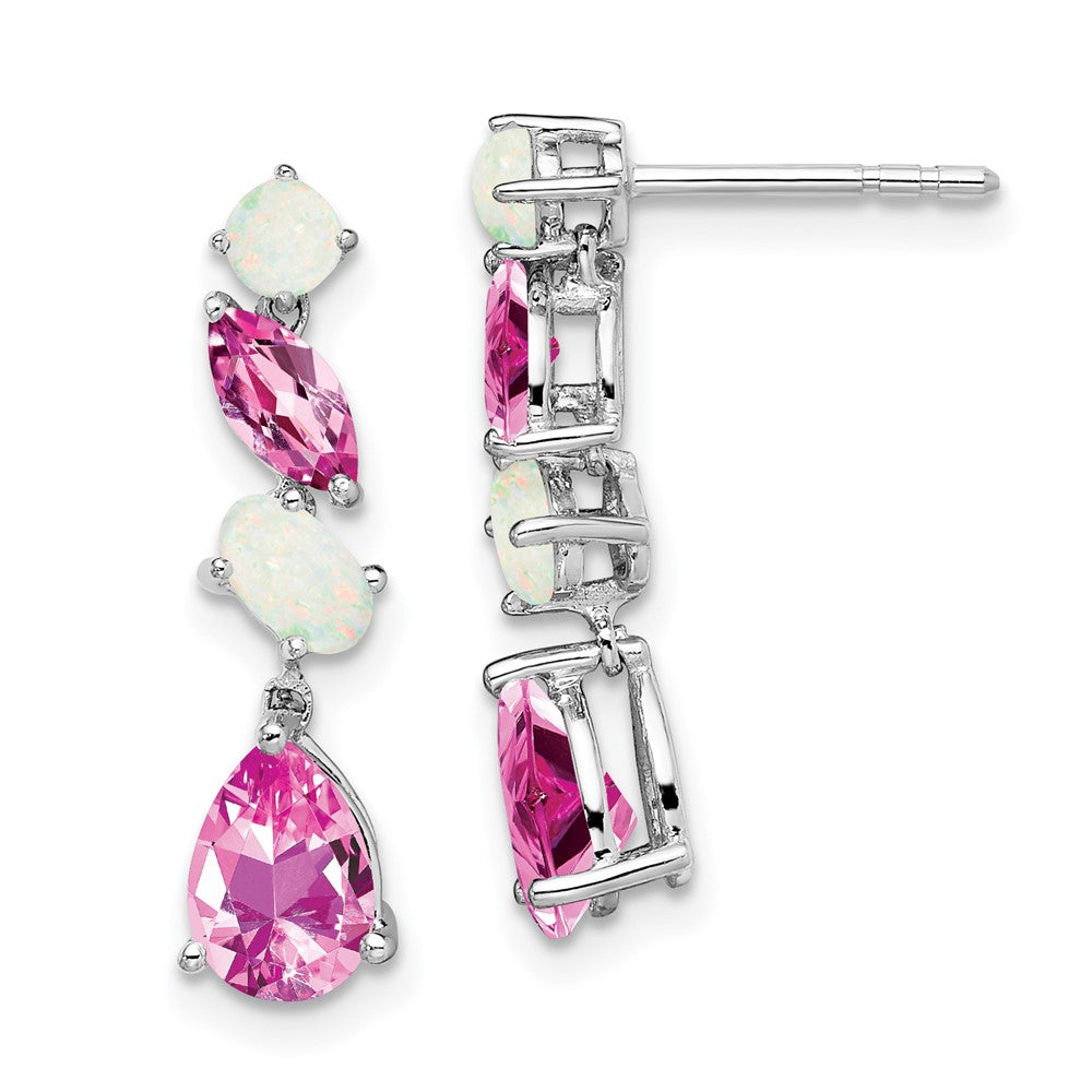 14k White Gold Created Pink Sapphire and Opal Dangle Earrings (1.75 grams)