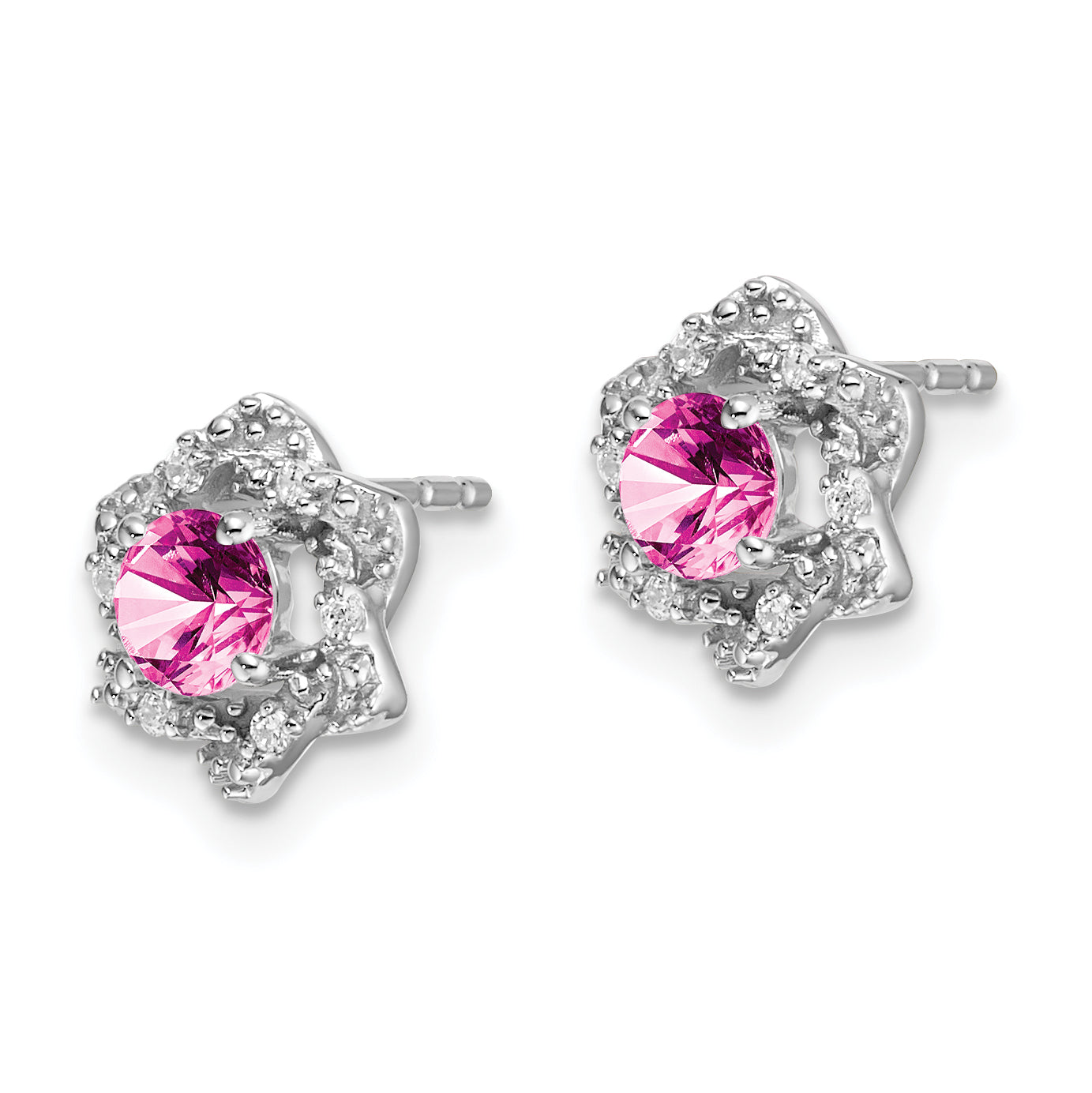 14k White Gold Created Pink Sapphire and Diamond Post Earrings (1.85 grams)