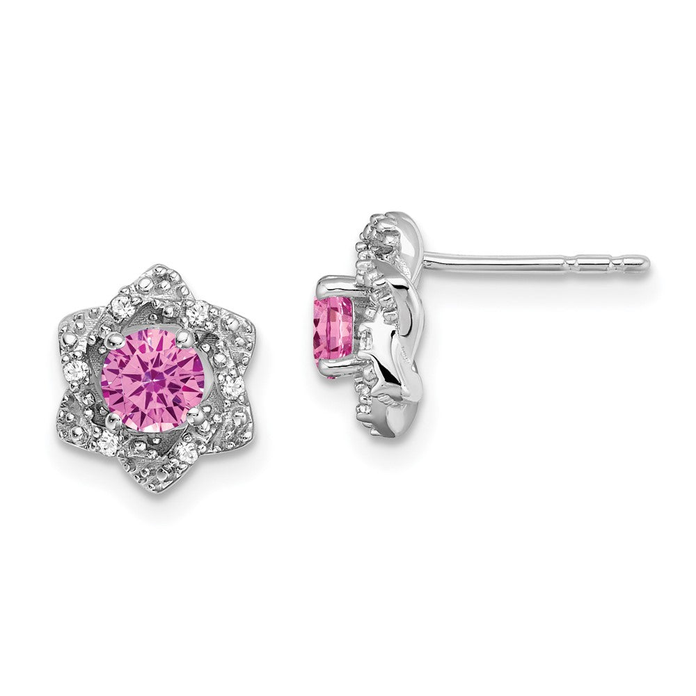 14k White Gold Created Pink Sapphire and Diamond Post Earrings (1.85 grams)