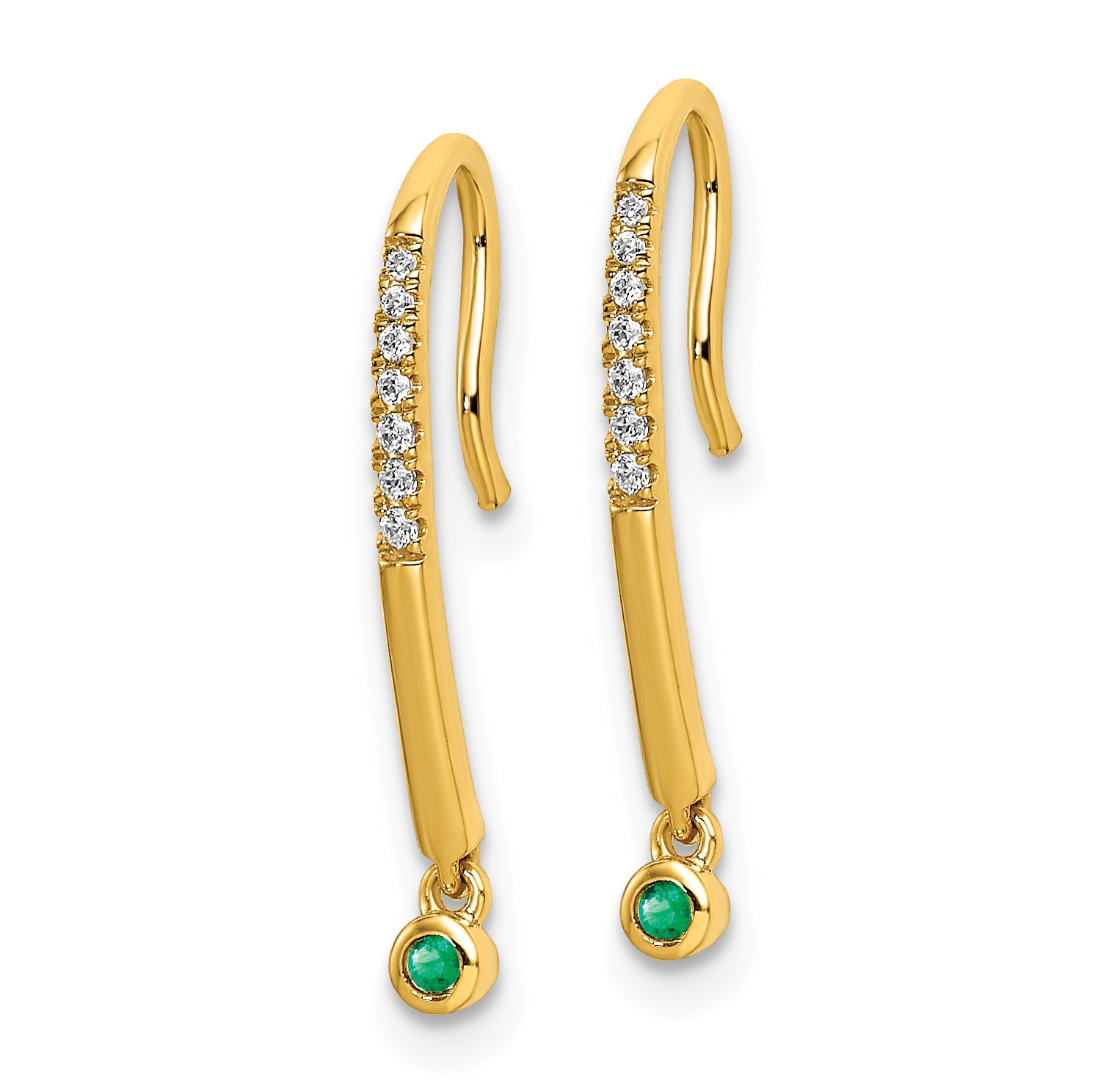 14k Polished Diamond and Emerald Drop Wire Earrings (1.05 grams)